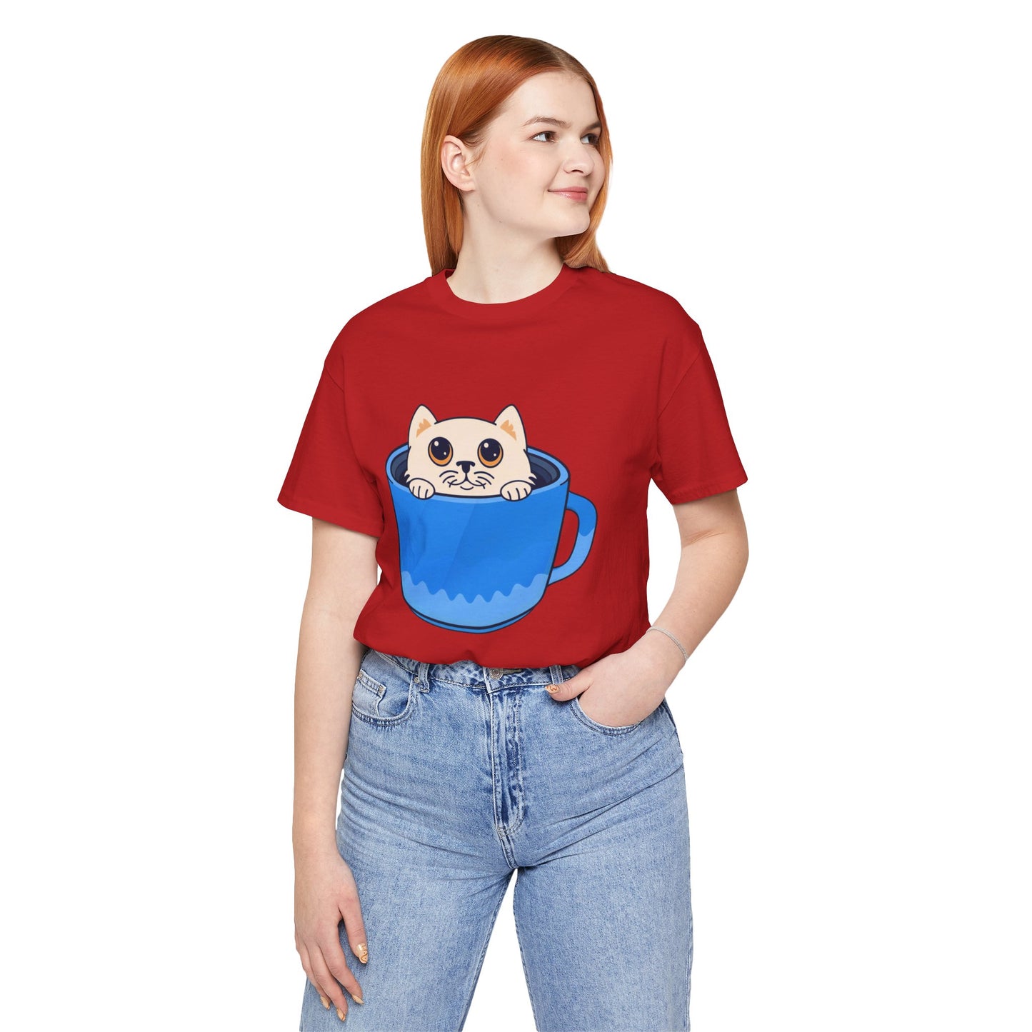 Cat in a Blue Mug T‑Shirt — Cute Kawaii Kitten Tee