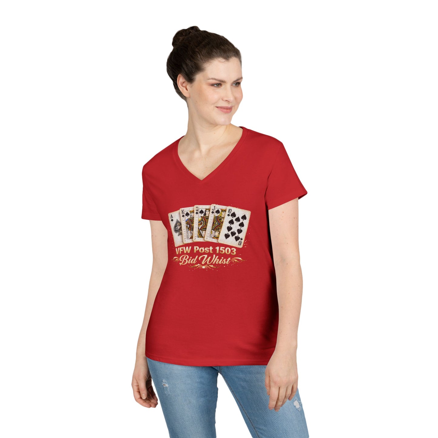 Ladies' V-Neck T-Shirt — Vintage Playing Cards "VFW Post 1503" Graphic Printify