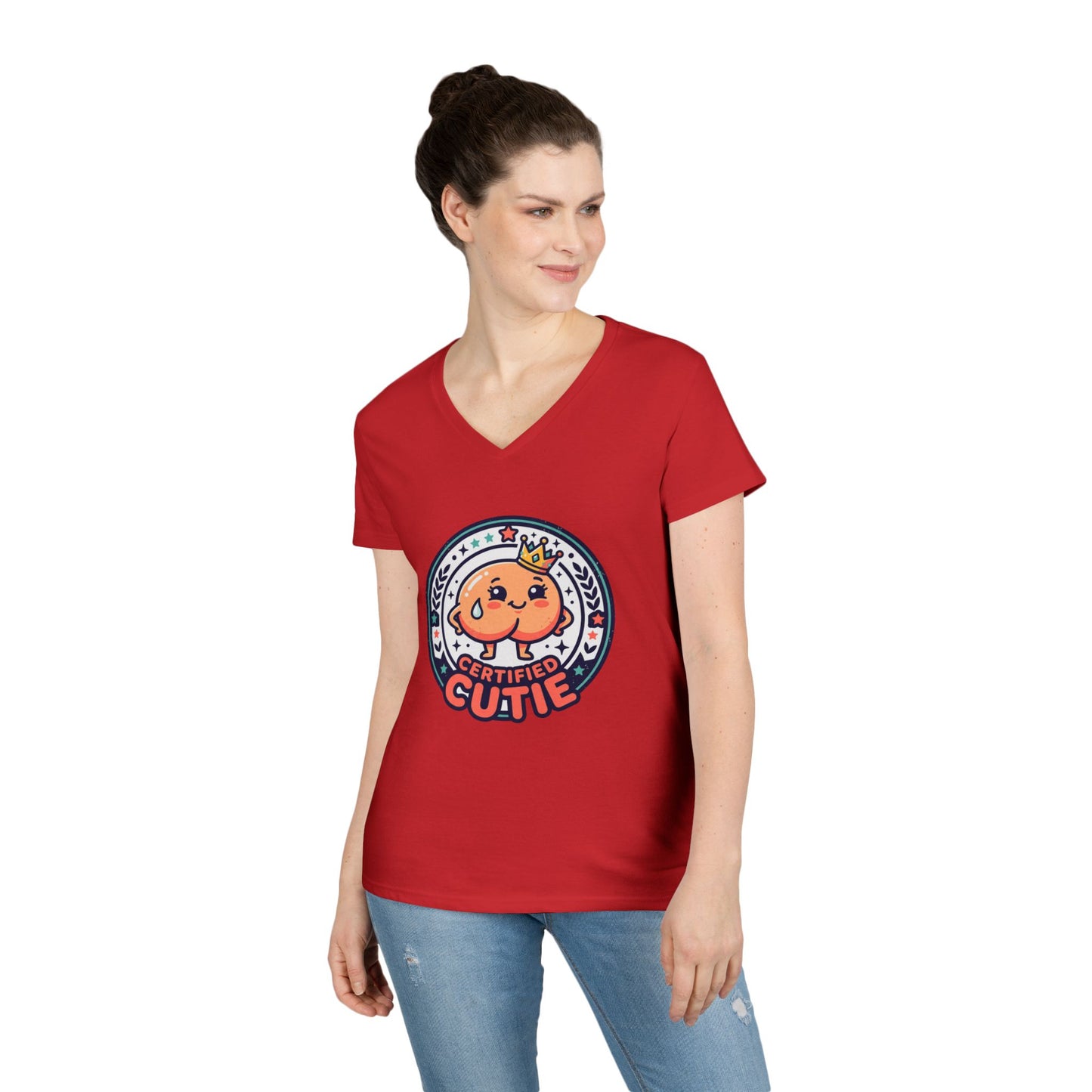 Certified Cutie V-Neck T-Shirt — Cute Cartoon Badge Graphic Tee for Women Printify