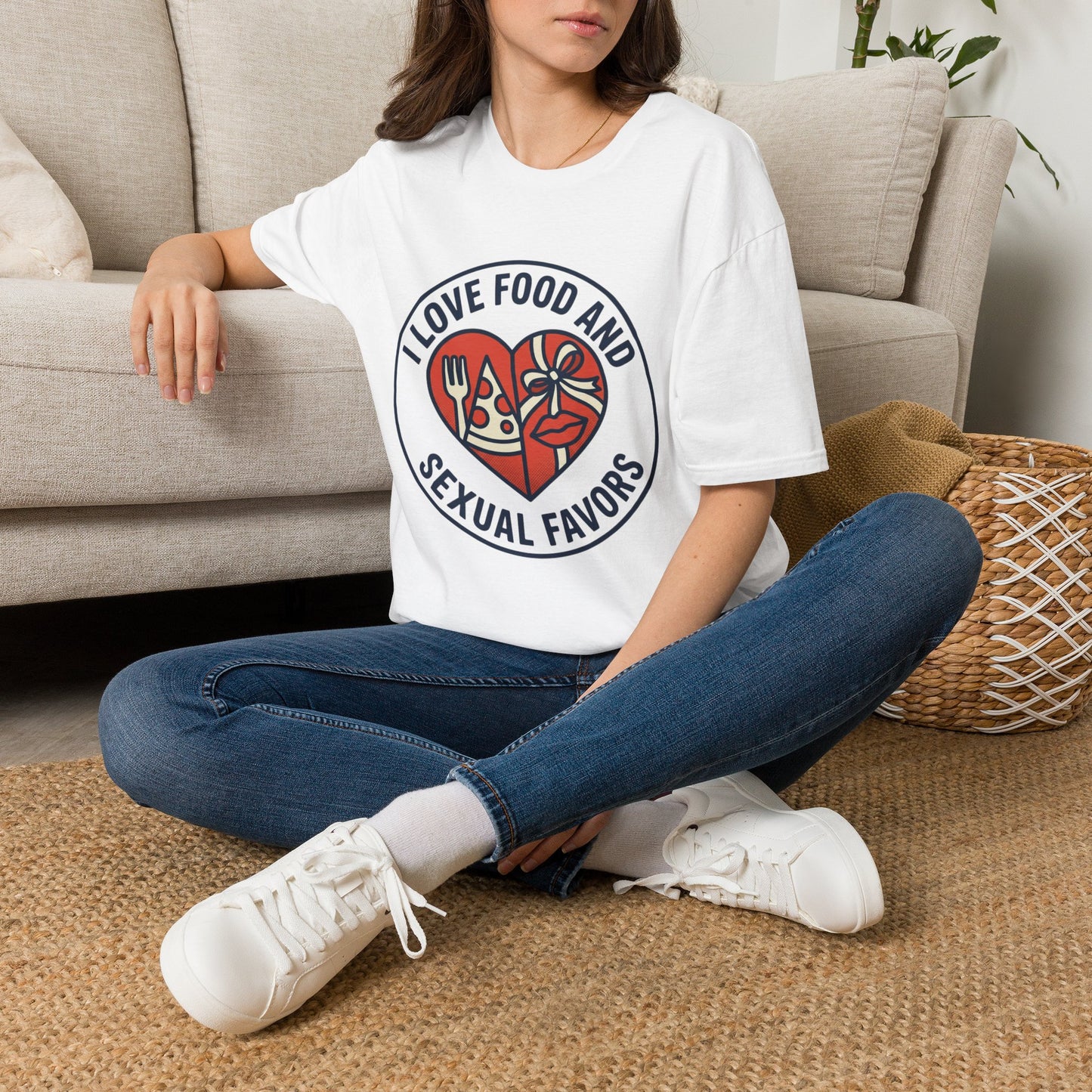 "I Love Food and Sexual Favors" Graphic Tee (Heart Pizza & Candy Design)