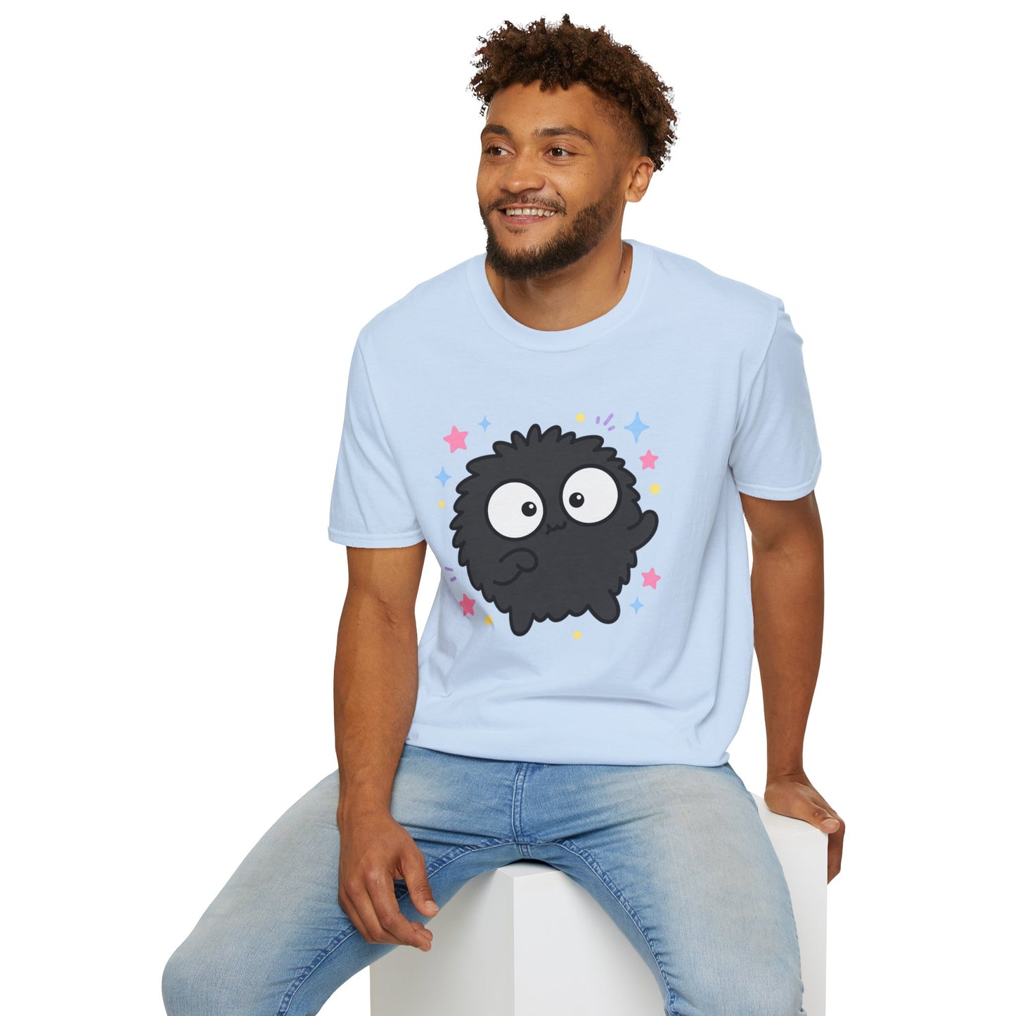 Cute Black Fuzzball T-Shirt — Kawaii Monster Tee with Stars