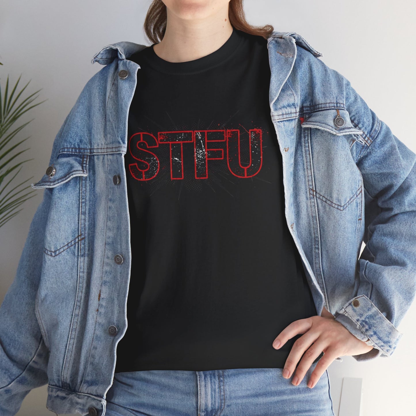 STFU Graphic Tee — Bold Distressed Text Shirt for Statement Style Printify