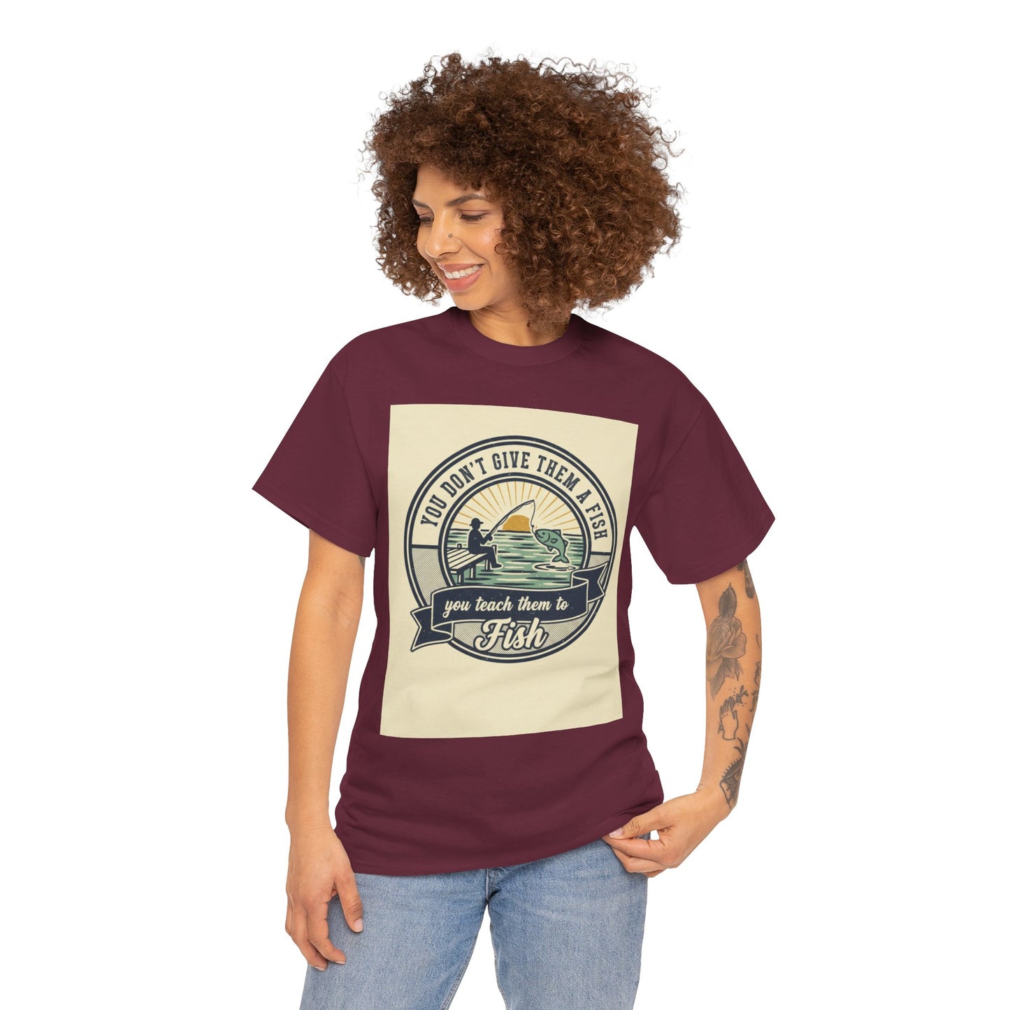 Fishing Vintage Badge T-Shirt — "You Don’t Give Them a Fish, You Teach Them to Fish" Graphic Tee