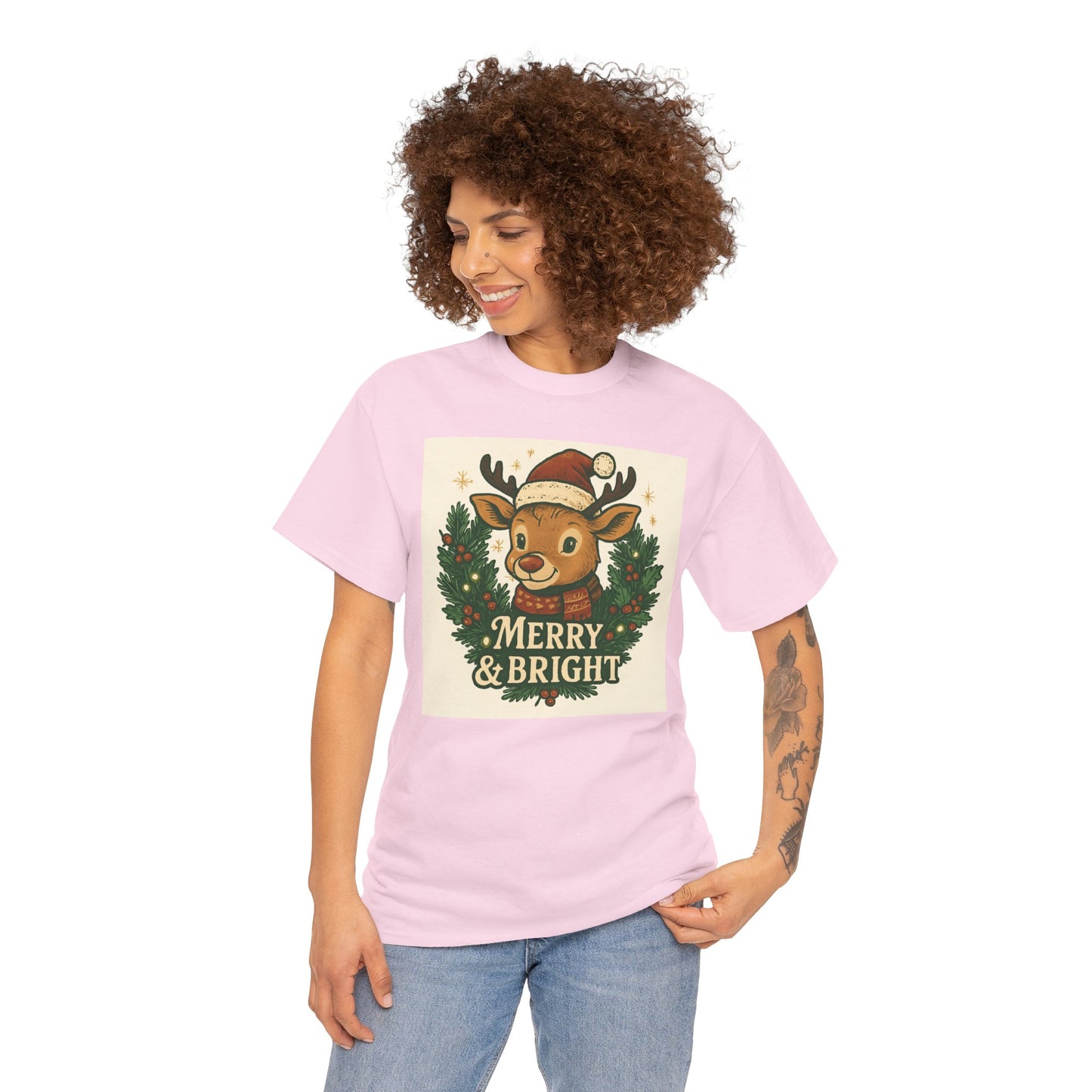 Merry & Bright Reindeer Christmas T-Shirt Printify