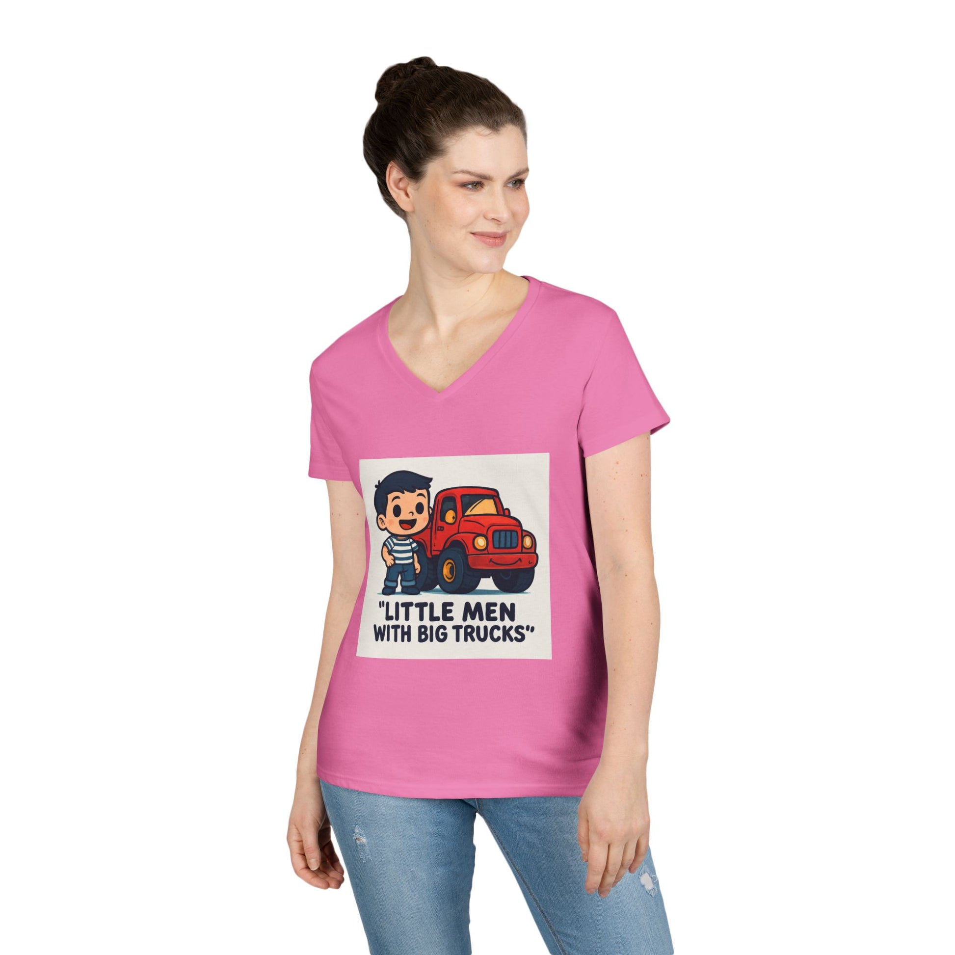 Ladies' V-Neck T-Shirt — "Little Men with Big Trucks" Cute Retro Truck Tee for Kids & Moms Printify