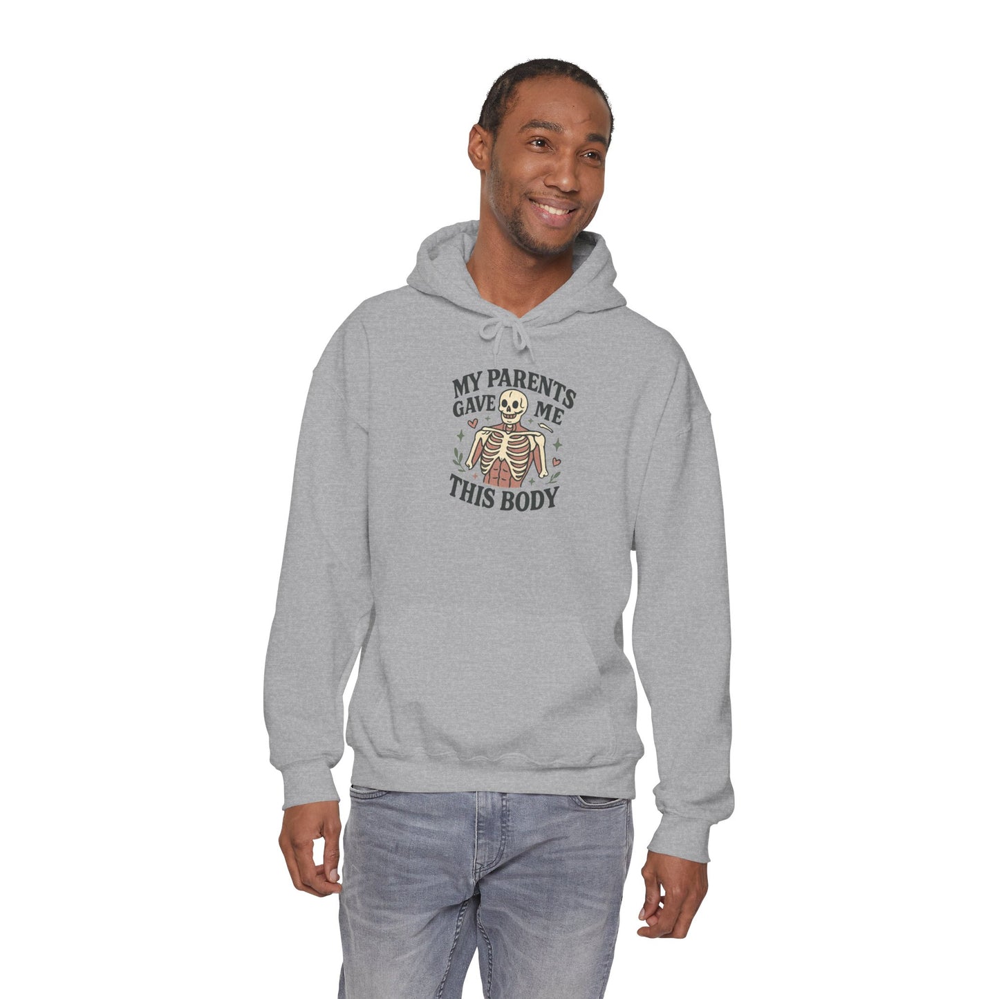 Skeleton Graphic Hoodie — "My Parents Gave Me This Body" Funny Halloween Pullover