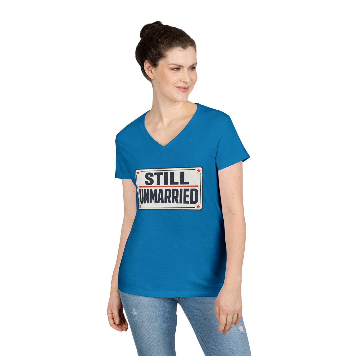 Still Unmarried V-Neck Tee — Funny Single Women T-Shirt
