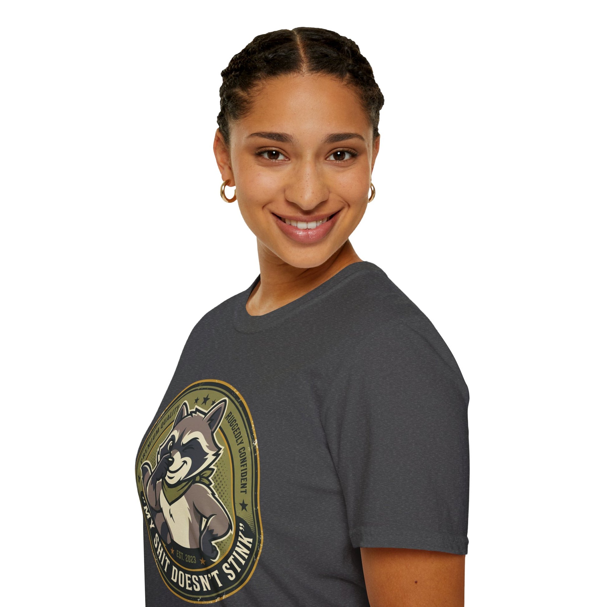 Raccoon Badge T-Shirt — "My Shit Doesn't Stink" Funny Graphic Tee Printify