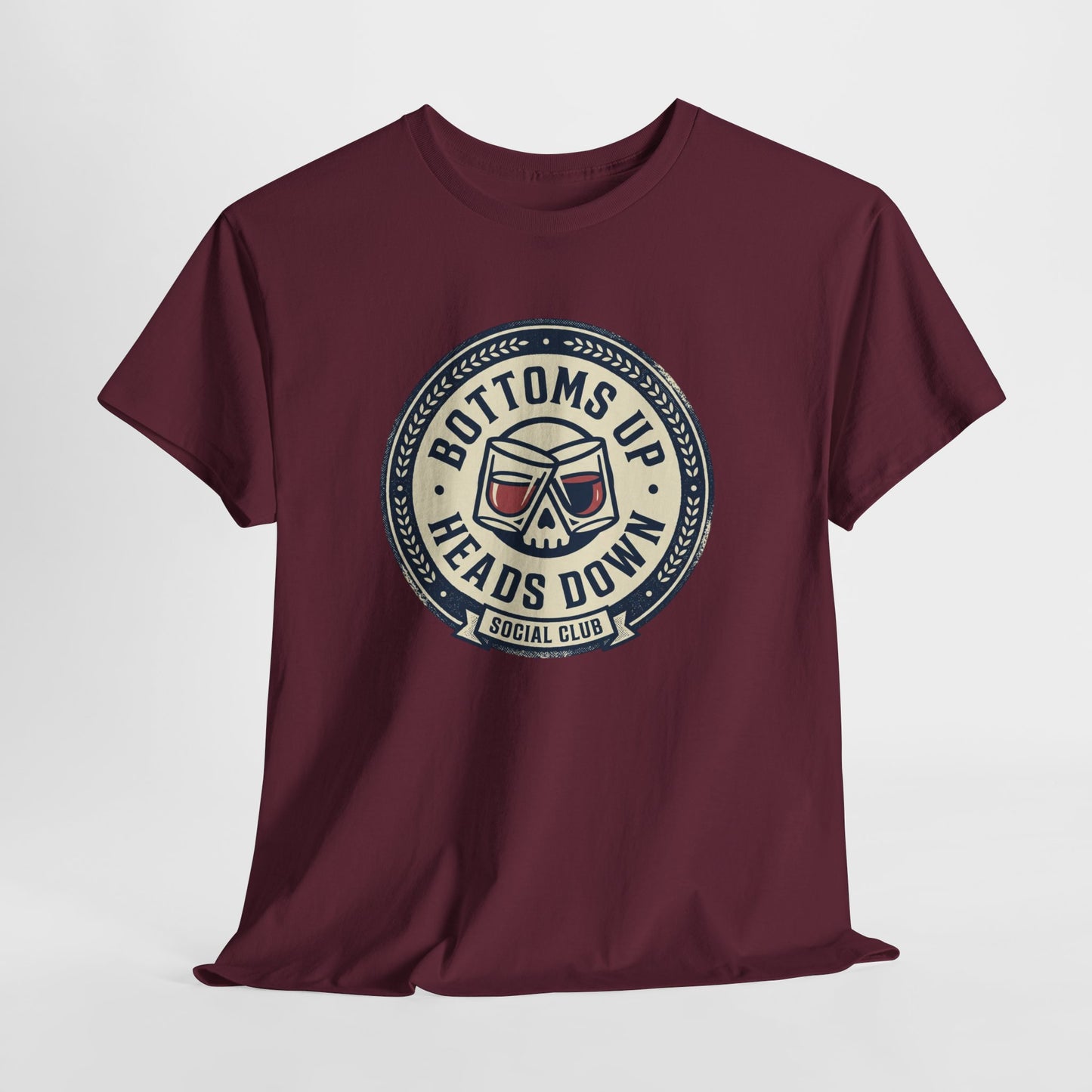"Bottoms Up Heads Down" Skull Beer Logo Tee