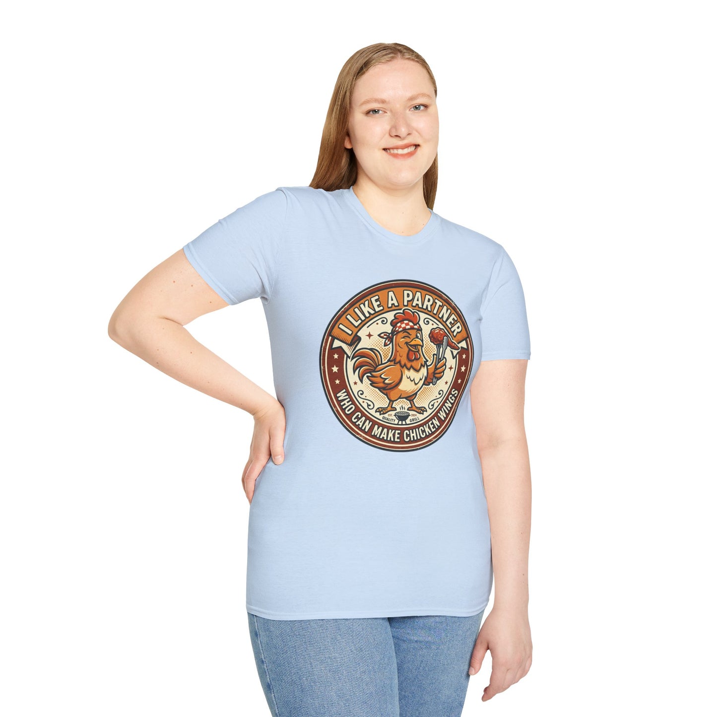 Funny Chicken Wings T-Shirt — "I Like A Partner Who Can Make Chicken Wings" Crew Tee