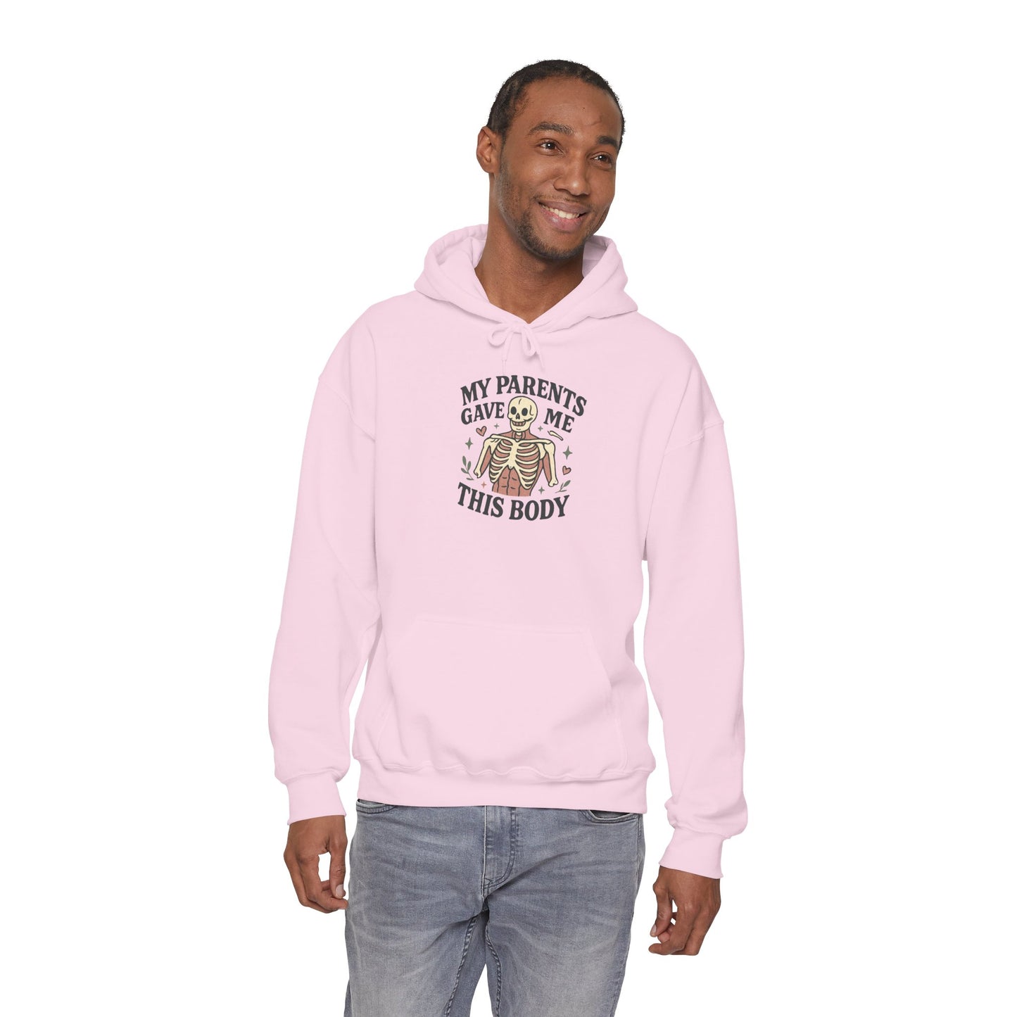 Skeleton Graphic Hoodie — "My Parents Gave Me This Body" Funny Halloween Pullover