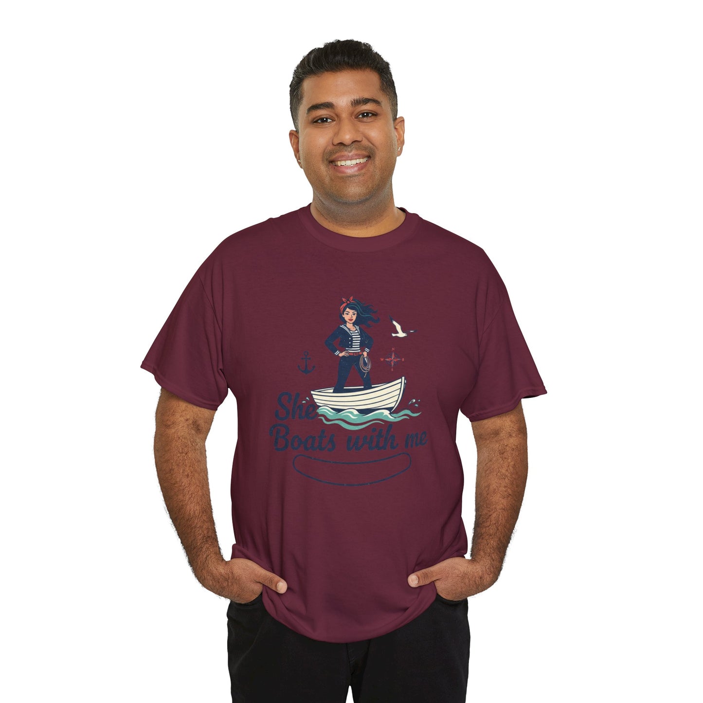 T-Shirt — "She Boats With Me" Nautical Couple Tee Printify