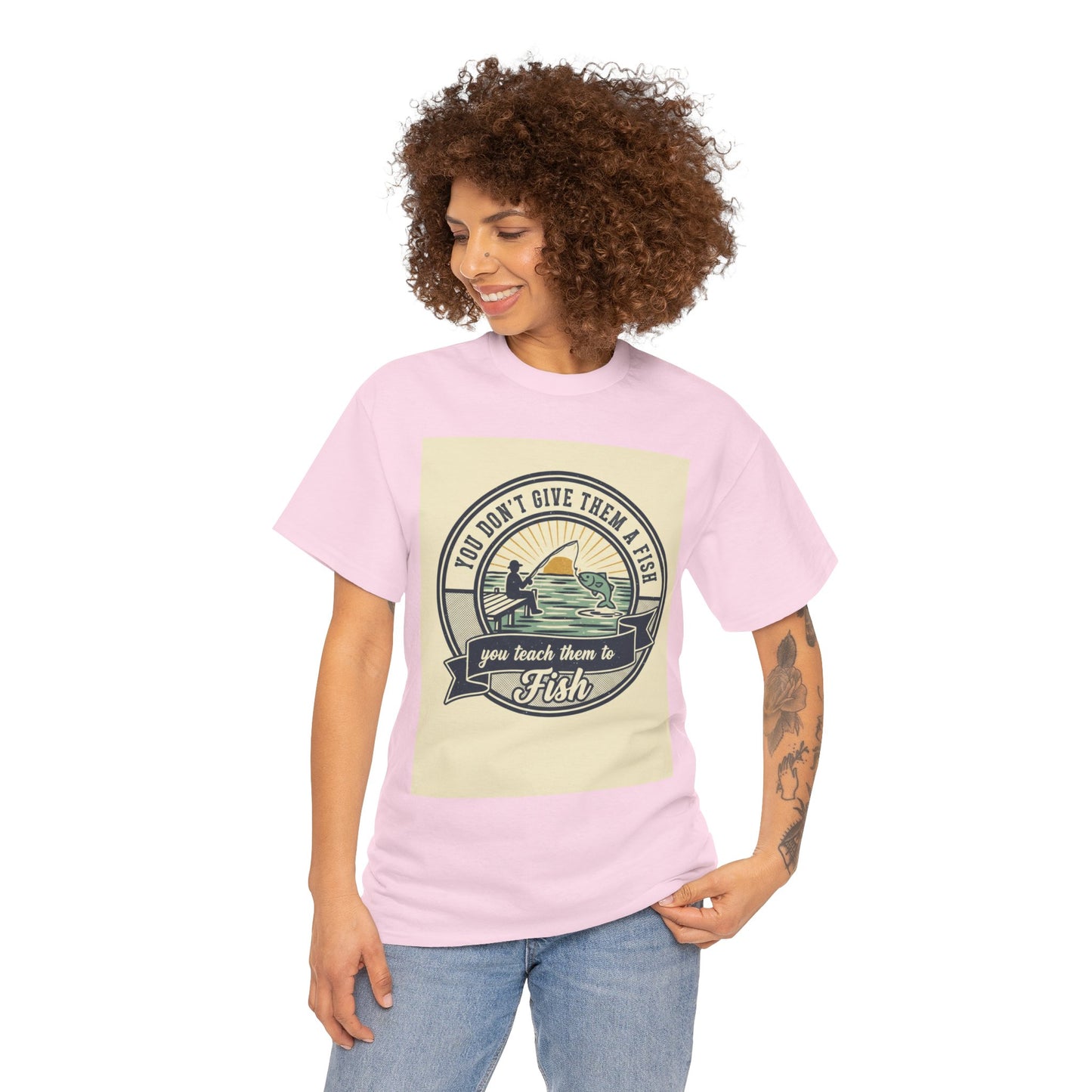 Fishing Vintage Badge T-Shirt — "You Don’t Give Them a Fish, You Teach Them to Fish" Graphic Tee