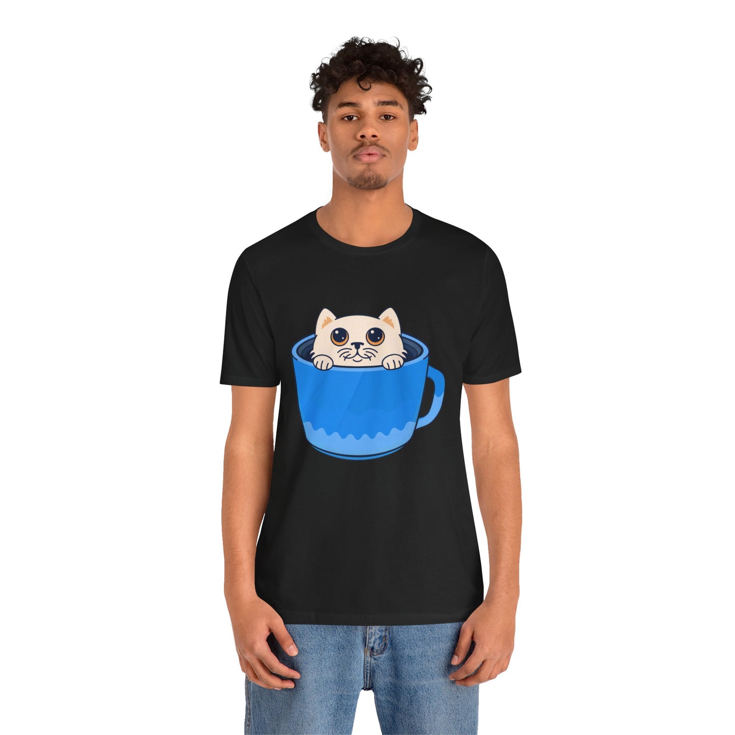 Cat in a Blue Mug T‑Shirt — Cute Kawaii Kitten Tee