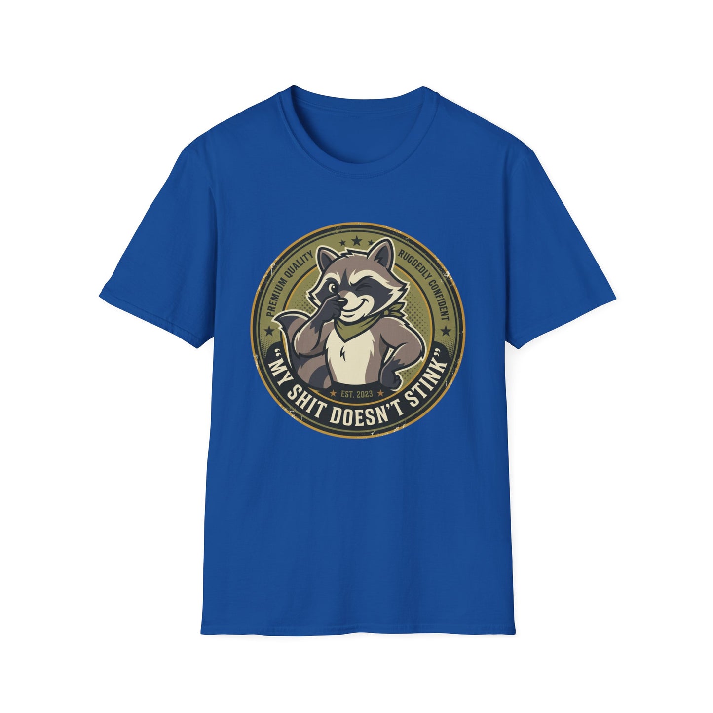 Raccoon Badge T-Shirt — "My Shit Doesn't Stink" Funny Graphic Tee Printify