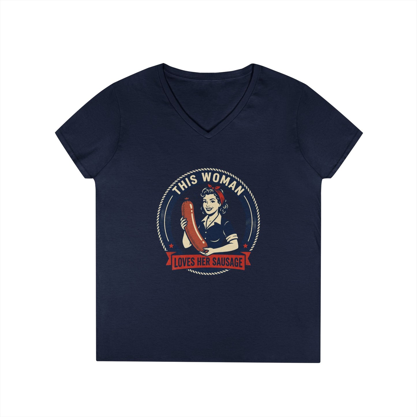 Ladies' V-Neck T-Shirt — "This Woman Loves Her Sausage" Retro Graphic Tee