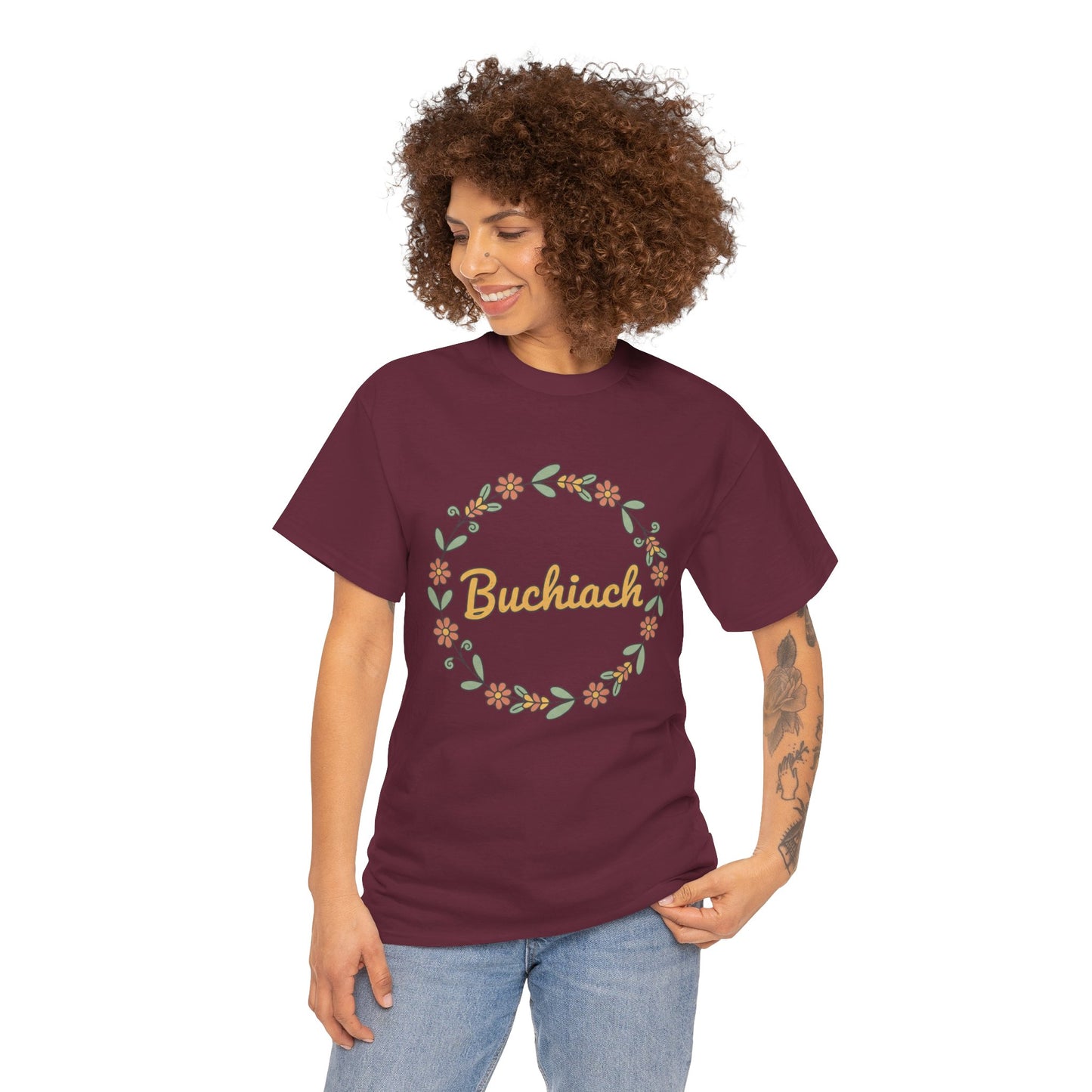 Buchiach Floral Wreath T-Shirt — Retro Script Garden Tee Printify