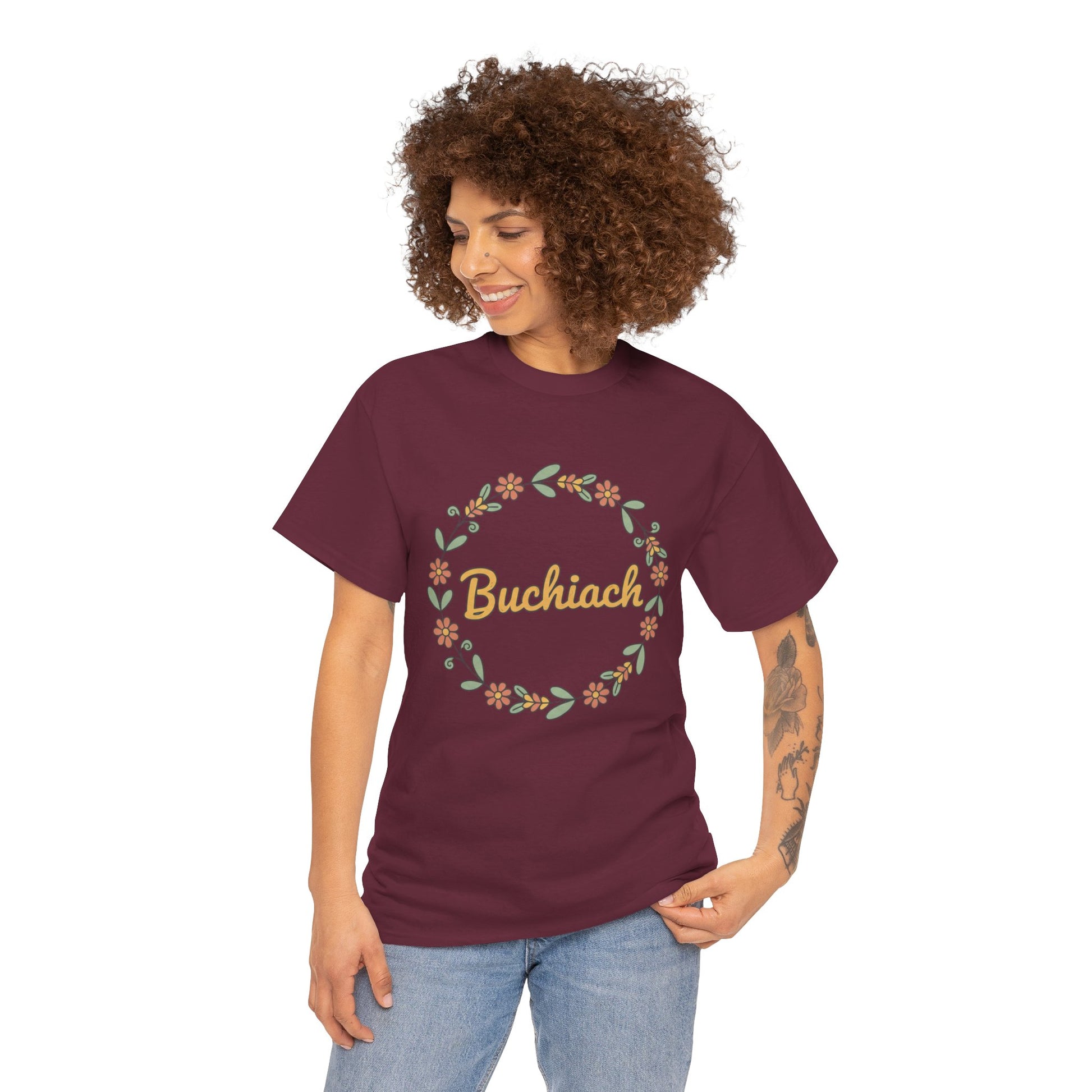 Buchiach Floral Wreath T-Shirt — Retro Script Garden Tee Printify