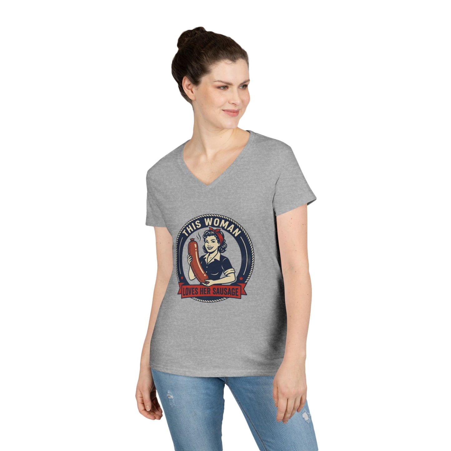 Ladies' V-Neck T-Shirt — "This Woman Loves Her Sausage" Retro Graphic Tee