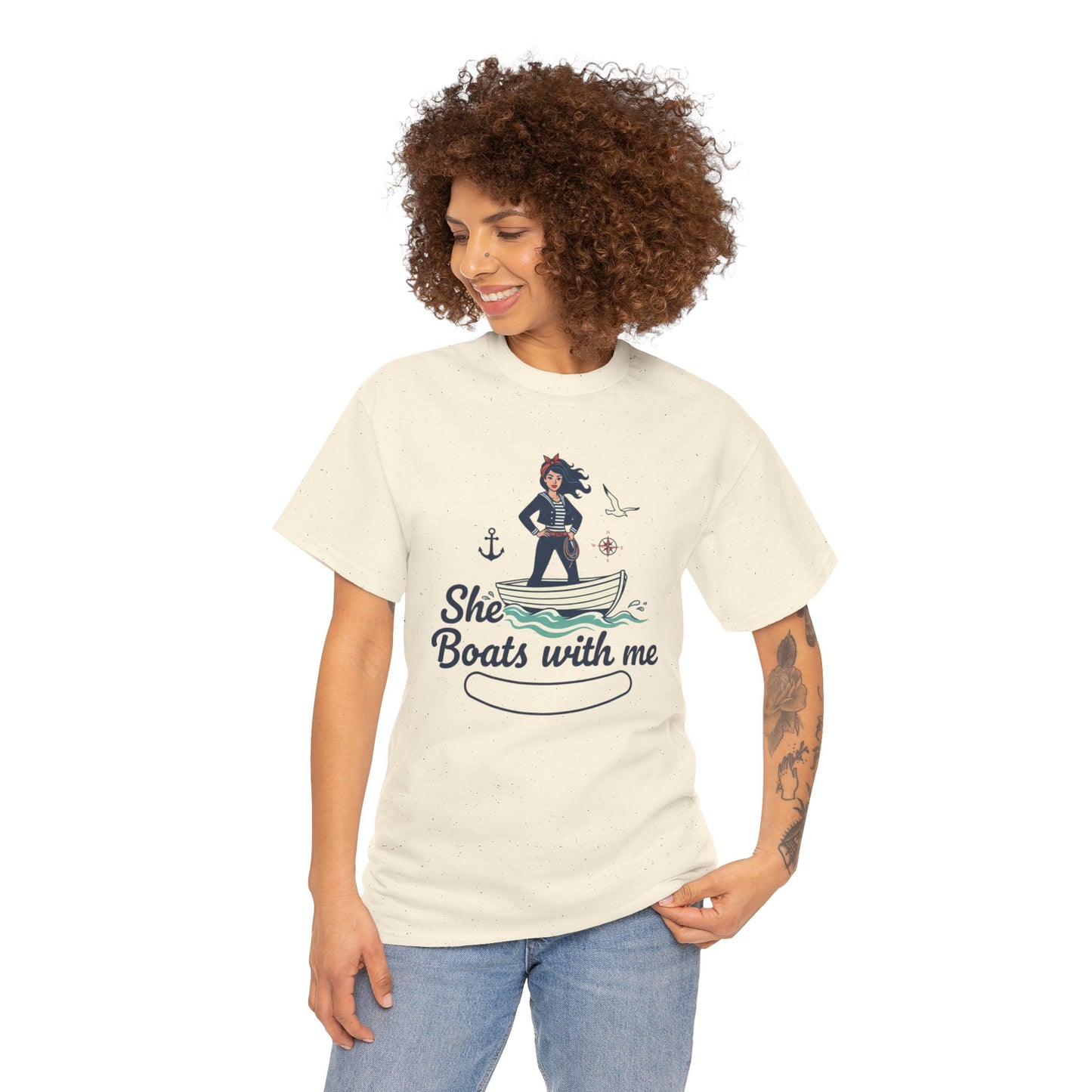 T-Shirt — "She Boats With Me" Nautical Couple Tee Printify