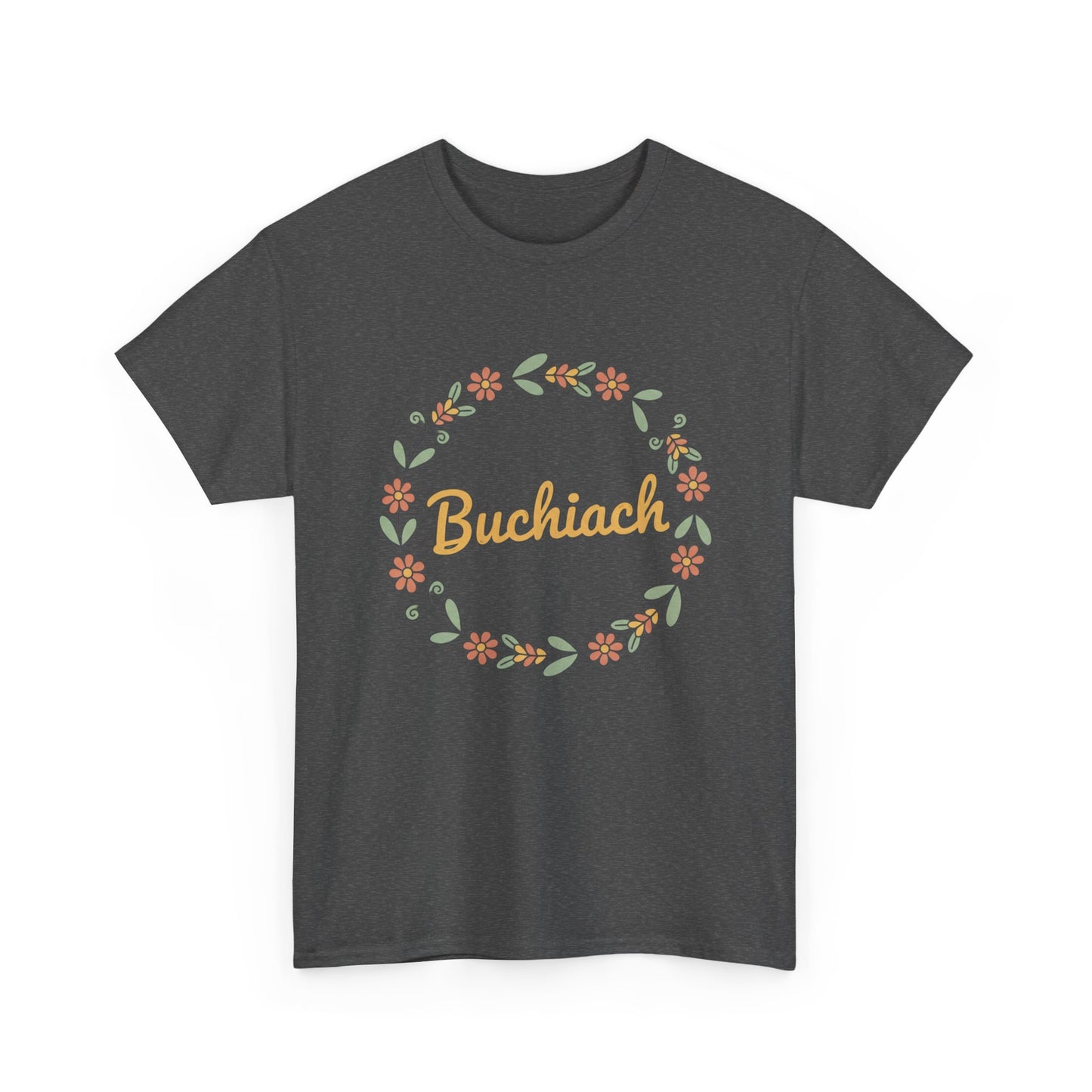 Buchiach Floral Wreath T-Shirt — Retro Script Garden Tee Printify
