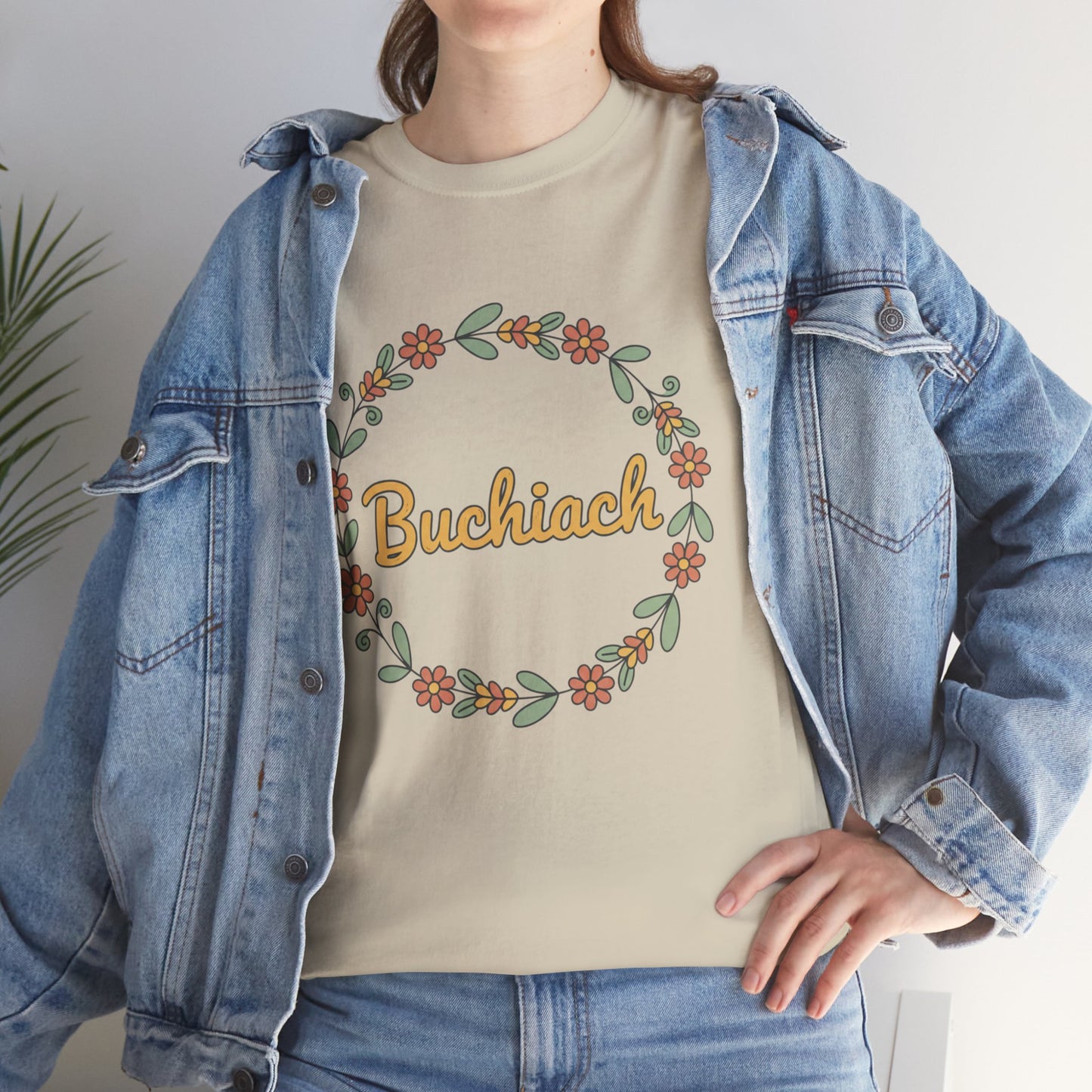 Buchiach Floral Wreath T-Shirt — Retro Script Garden Tee Printify
