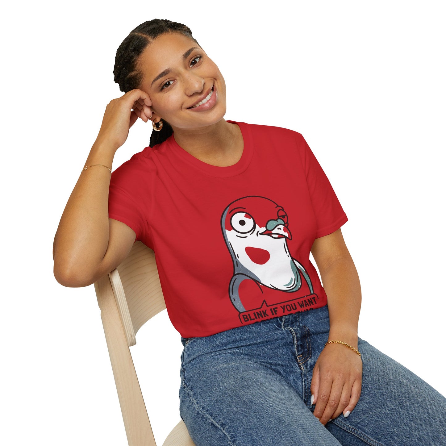 Pigeon Meme T‑Shirt — “Blink If You Want Some Of This” Funny Graphic Tee
