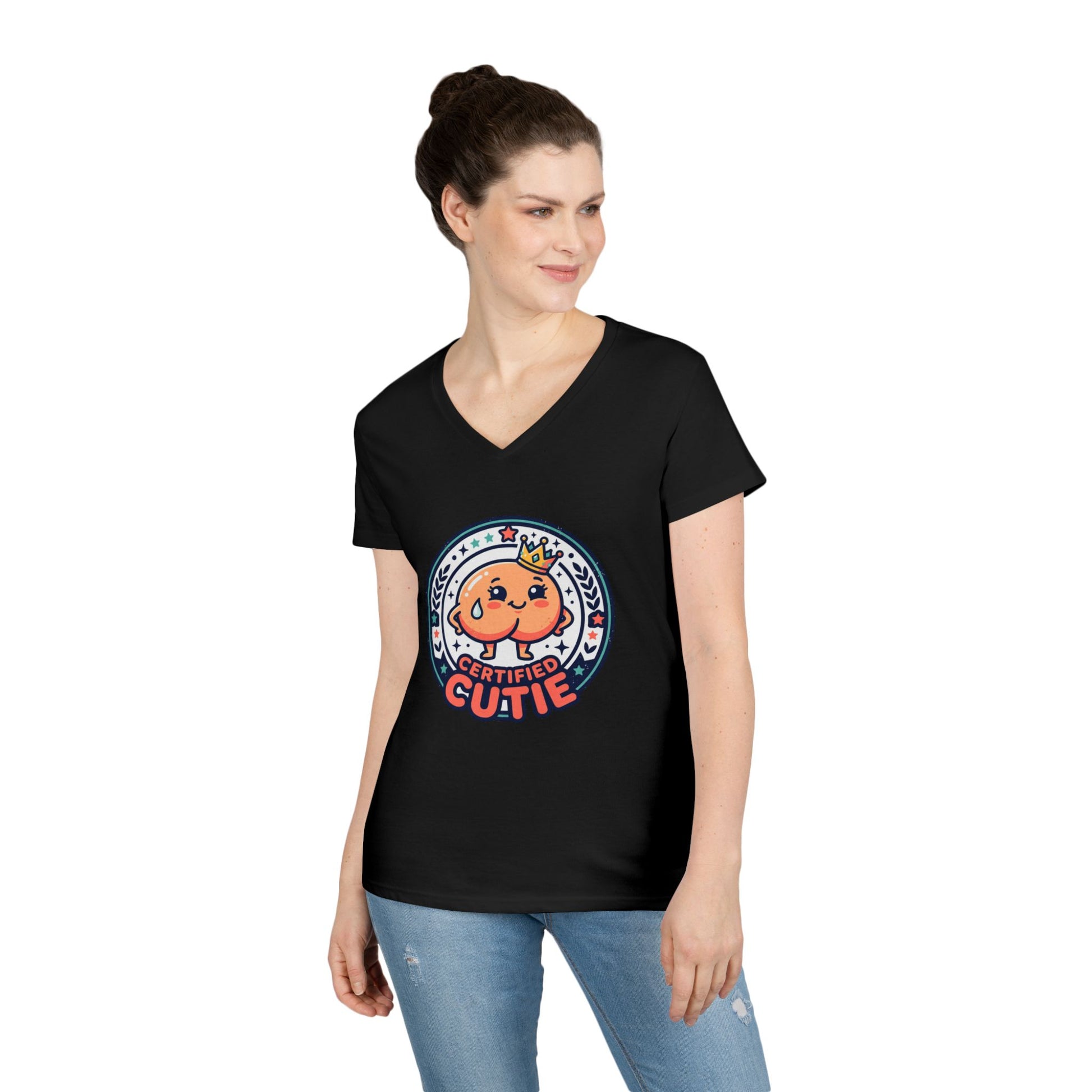 Certified Cutie V-Neck T-Shirt — Cute Cartoon Badge Graphic Tee for Women Printify