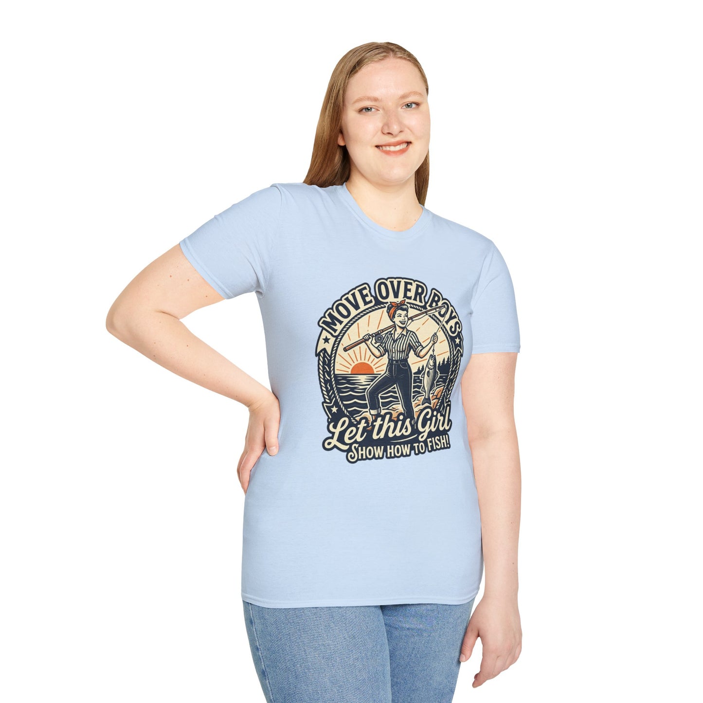 "Move Over Boys, Let This Girl Show How to Fish" Vintage Design - Fishing T-Shirt