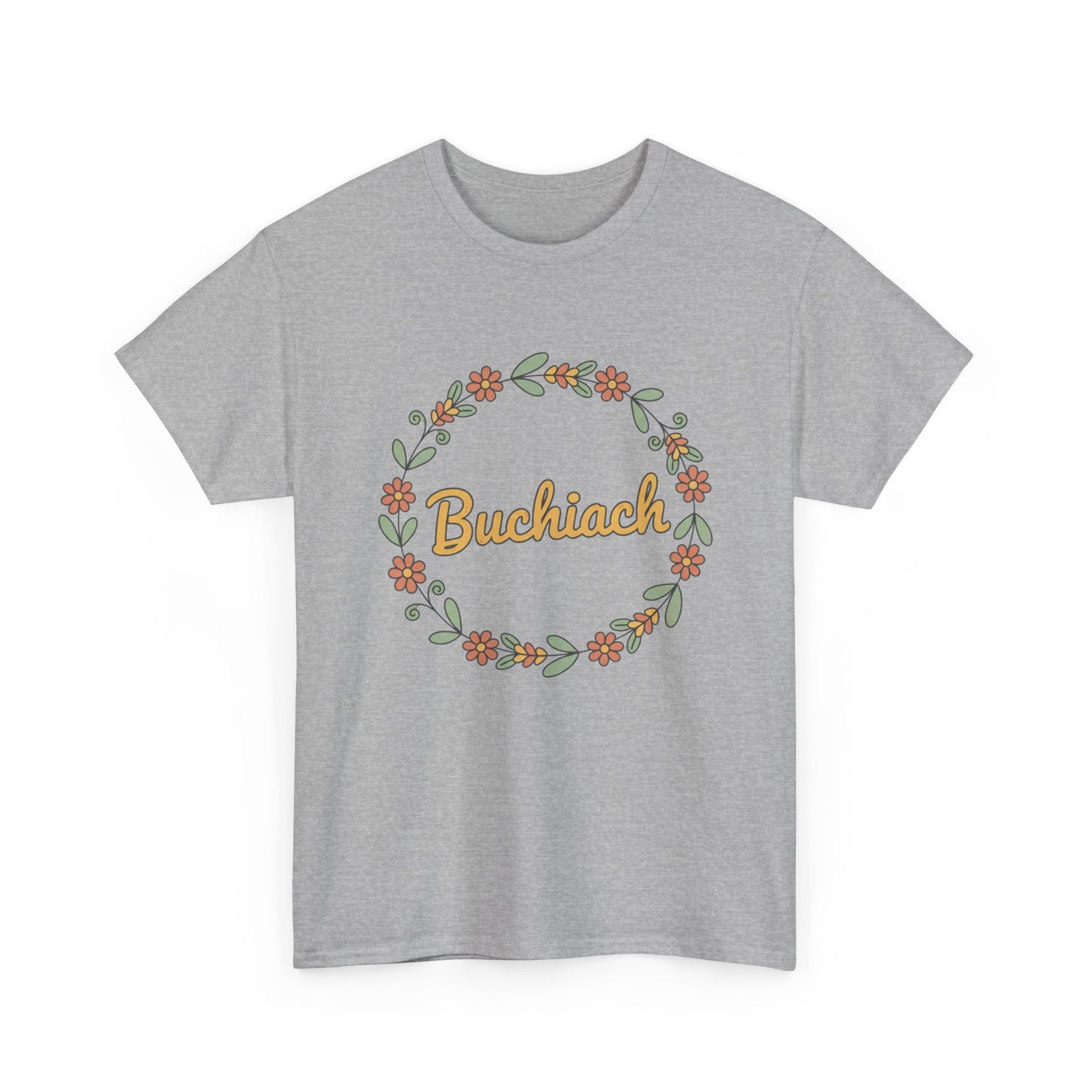 Buchiach Floral Wreath T-Shirt — Retro Script Garden Tee Printify