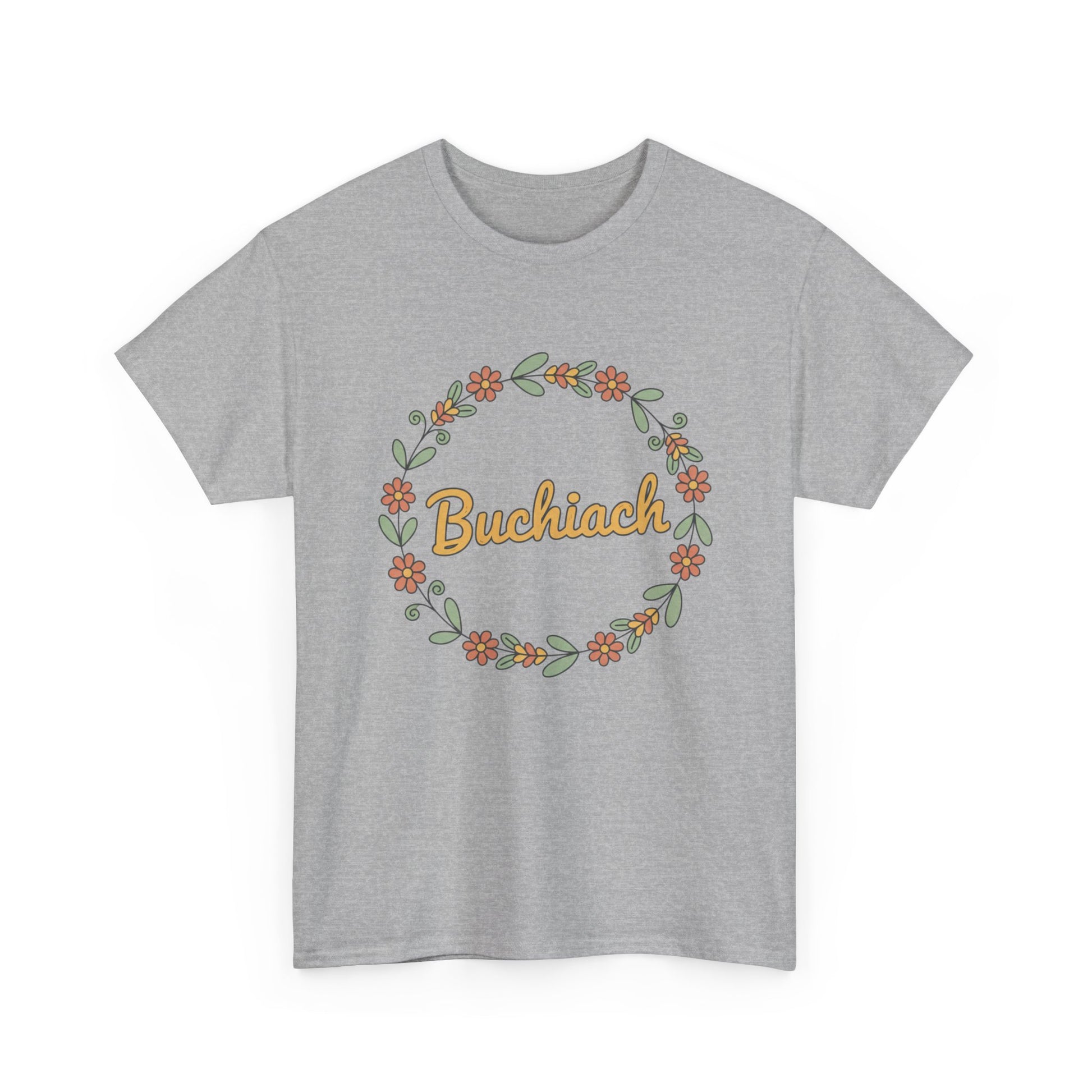 Buchiach Floral Wreath T-Shirt — Retro Script Garden Tee Printify