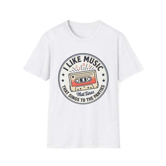 Retro Cassette T-Shirt — "I Like Music That Sings to the Pants" Vintage Music Tee
