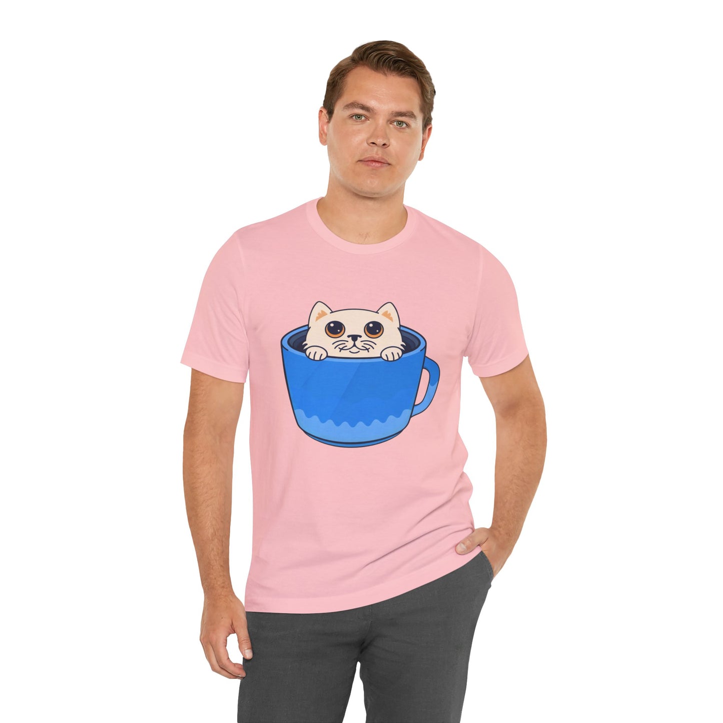 Cat in a Blue Mug T‑Shirt — Cute Kawaii Kitten Tee
