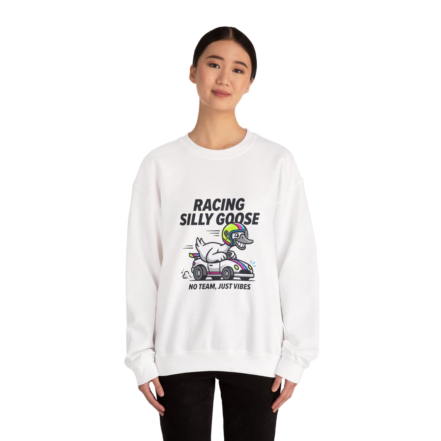 Racing Silly Goose Sweatshirt | motorsport parody, checkered pit crew vibe
