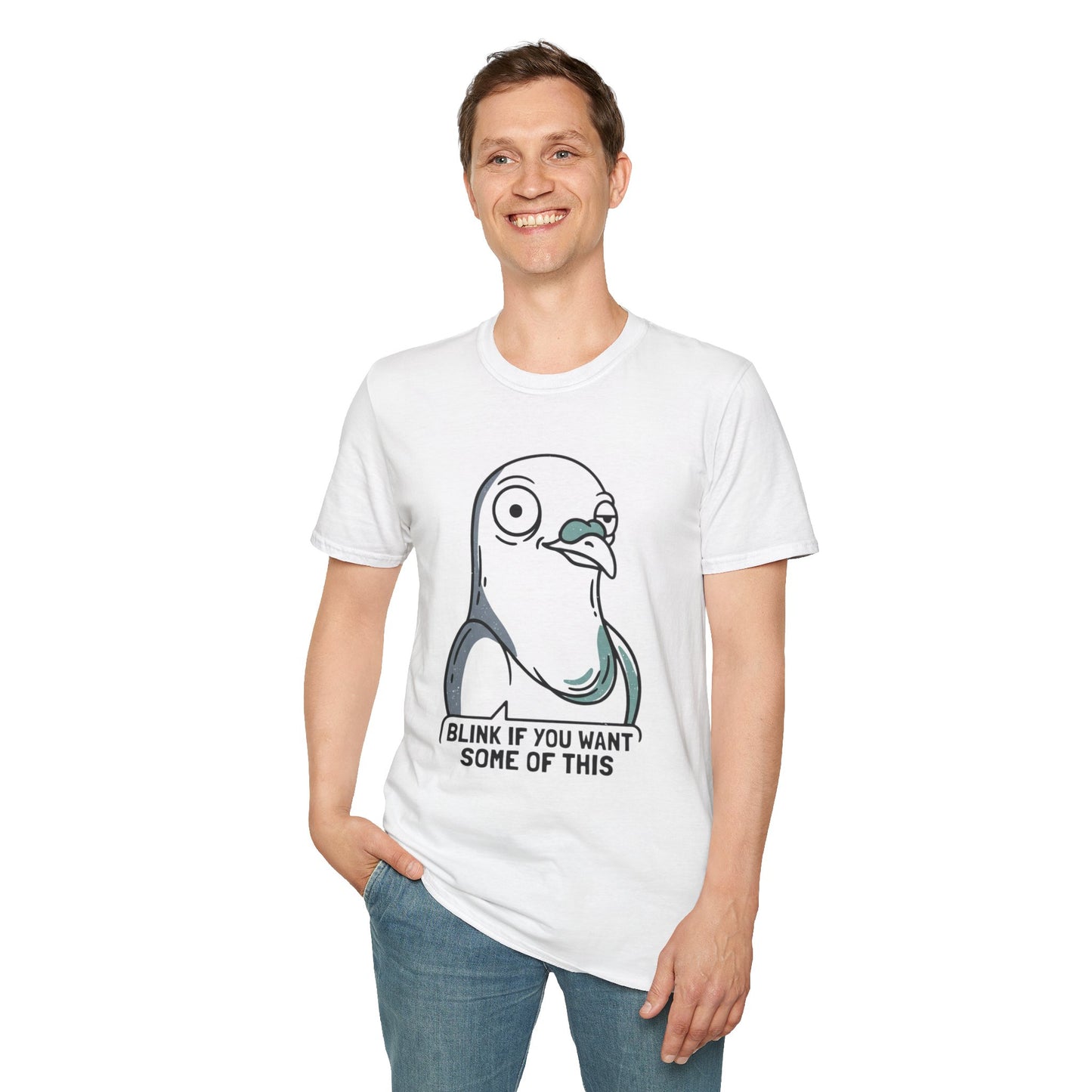 Pigeon Meme T‑Shirt — “Blink If You Want Some Of This” Funny Graphic Tee