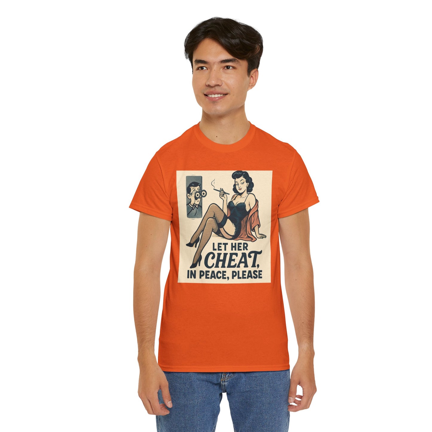 T-Shirt — Vintage Pinup “Let Her Cheat in Peace, Please” Graphic Tee