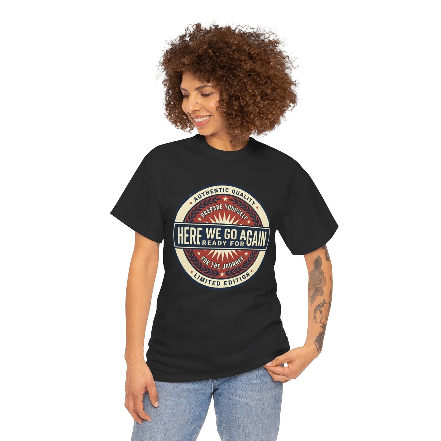 Here We Go Again Vintage Badge Tee — Retro Adventure Graphic T-Shirt