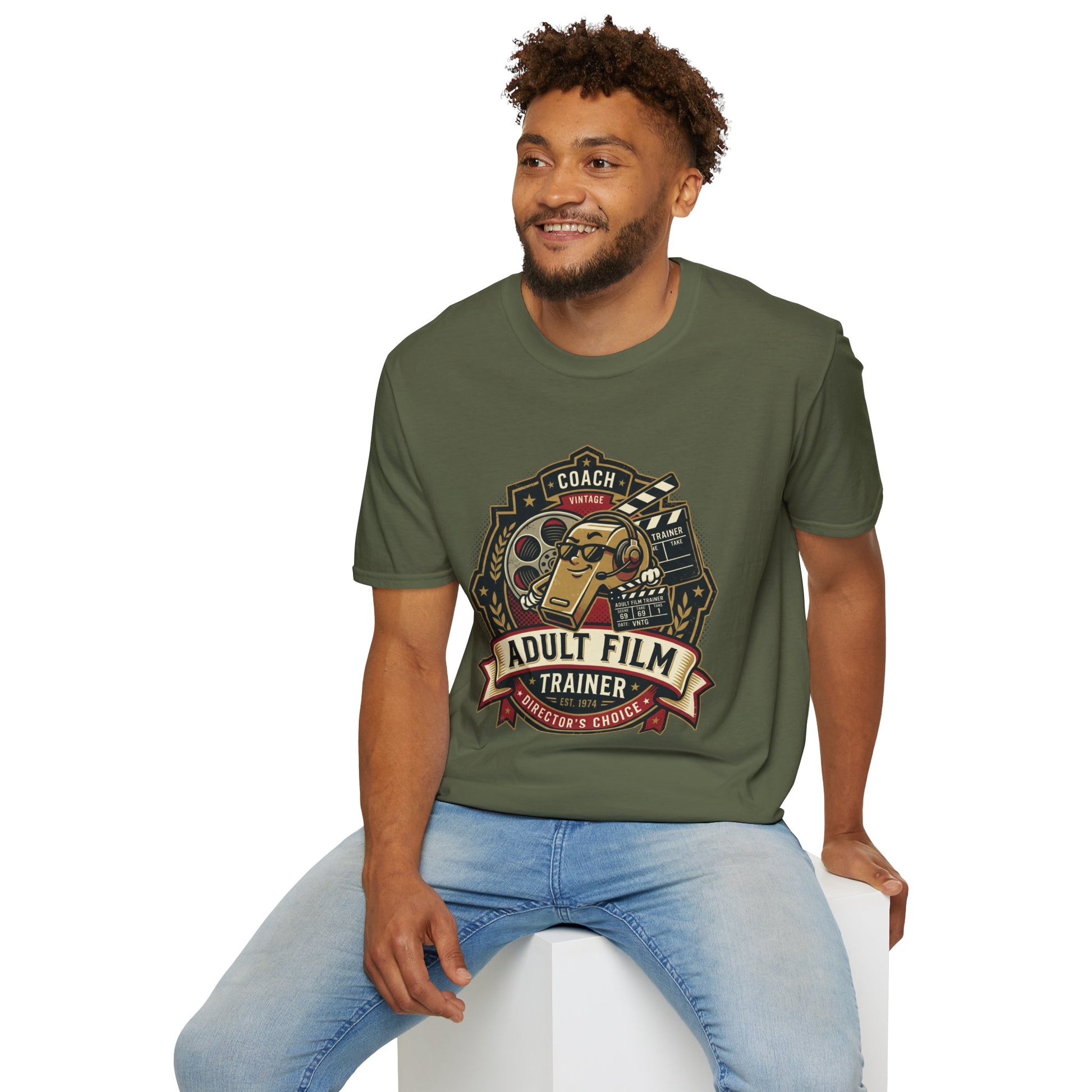 Adult Film Trainer T-Shirt — Vintage Director’s Coach Movie Reel Tee Printify