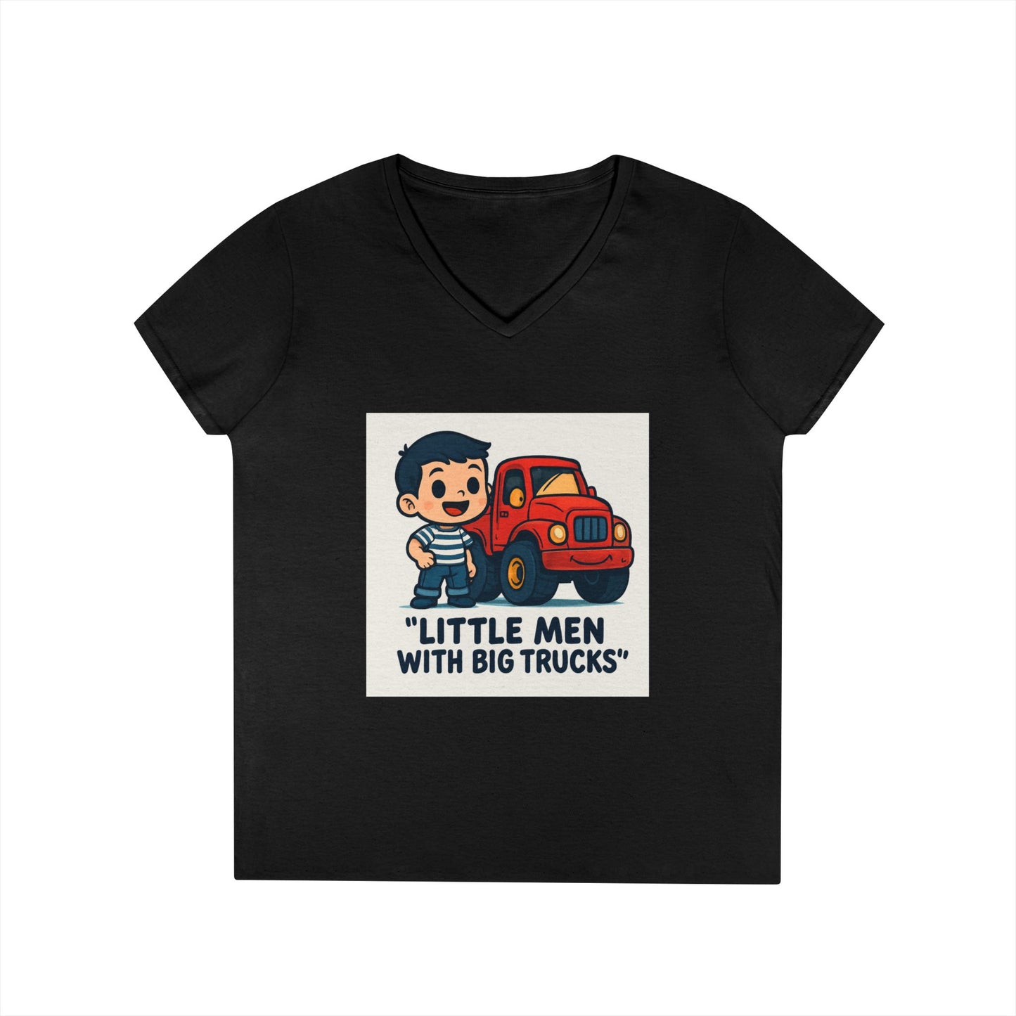 Ladies' V-Neck T-Shirt — "Little Men with Big Trucks" Cute Retro Truck Tee for Kids & Moms Printify