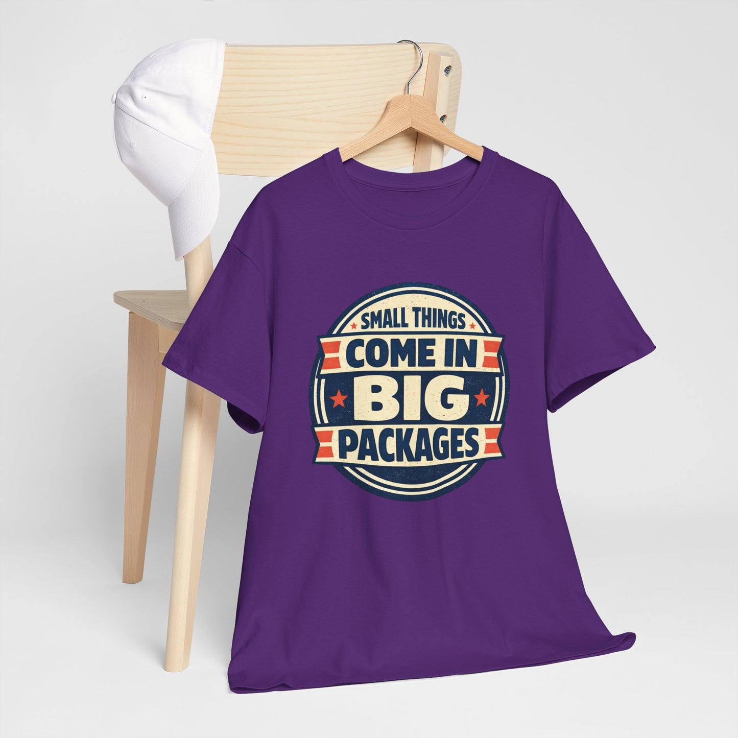 T-Shirt — "Small Things Come in Big Packages" Retro Badge Tee