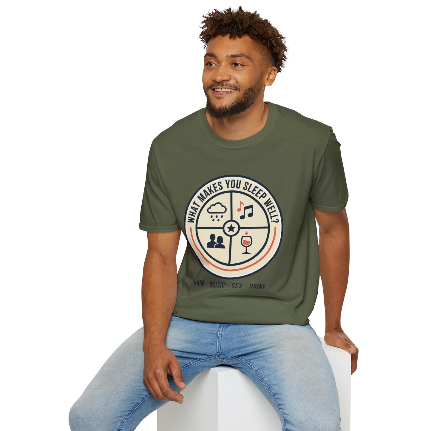 "What Makes You Sleep Well?" Rain, Music, Sex, Drink Graphic-Sleep Essentials T‑Shirt