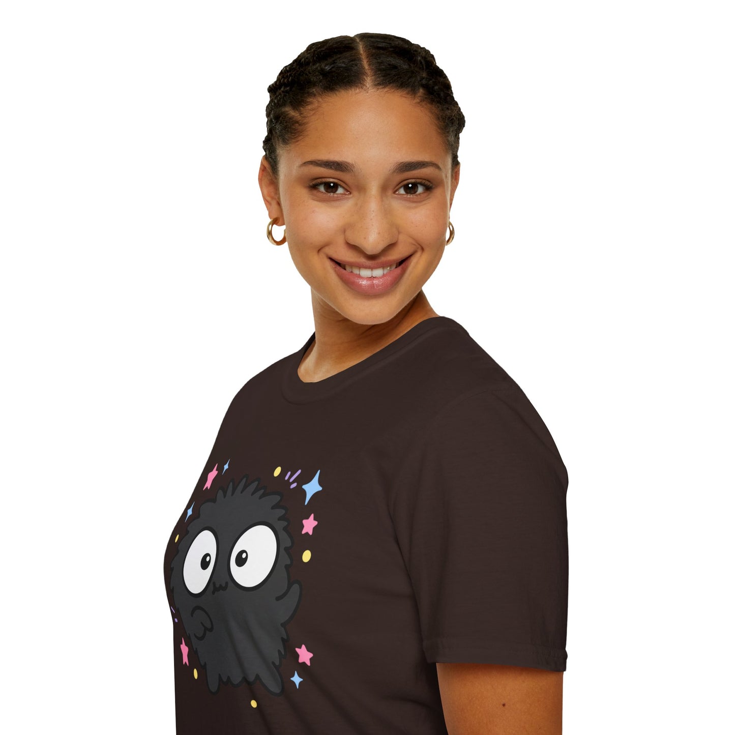 Cute Black Fuzzball T-Shirt — Kawaii Monster Tee with Stars
