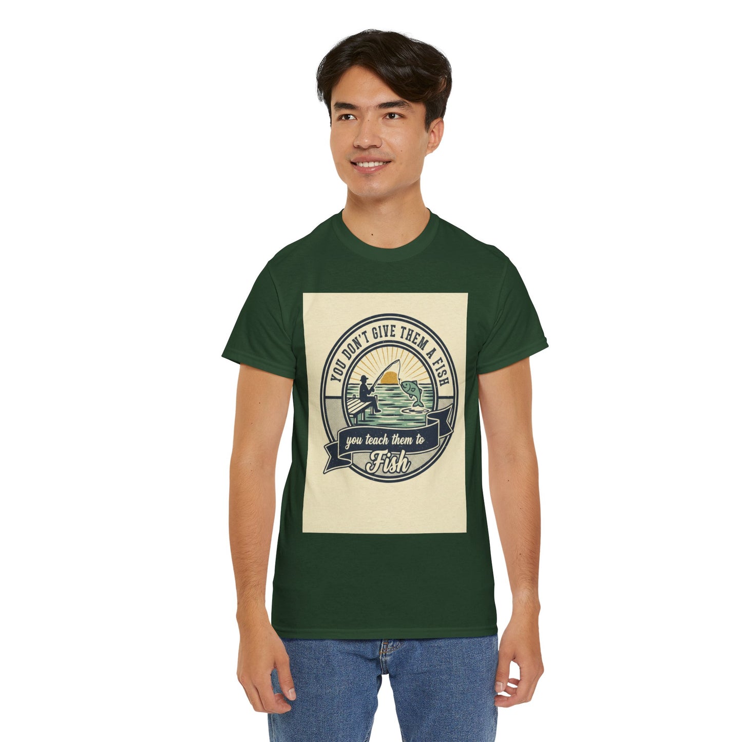 Fishing Vintage Badge T-Shirt — "You Don’t Give Them a Fish, You Teach Them to Fish" Graphic Tee