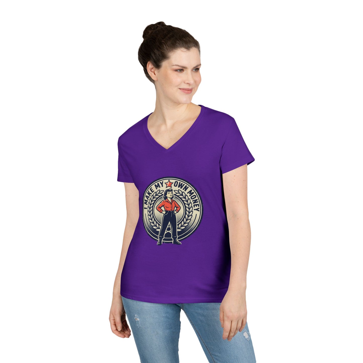 Ladies' V-Neck T-Shirt — "I Make My Own Money" Empowered Retro Worker Graphic Tee