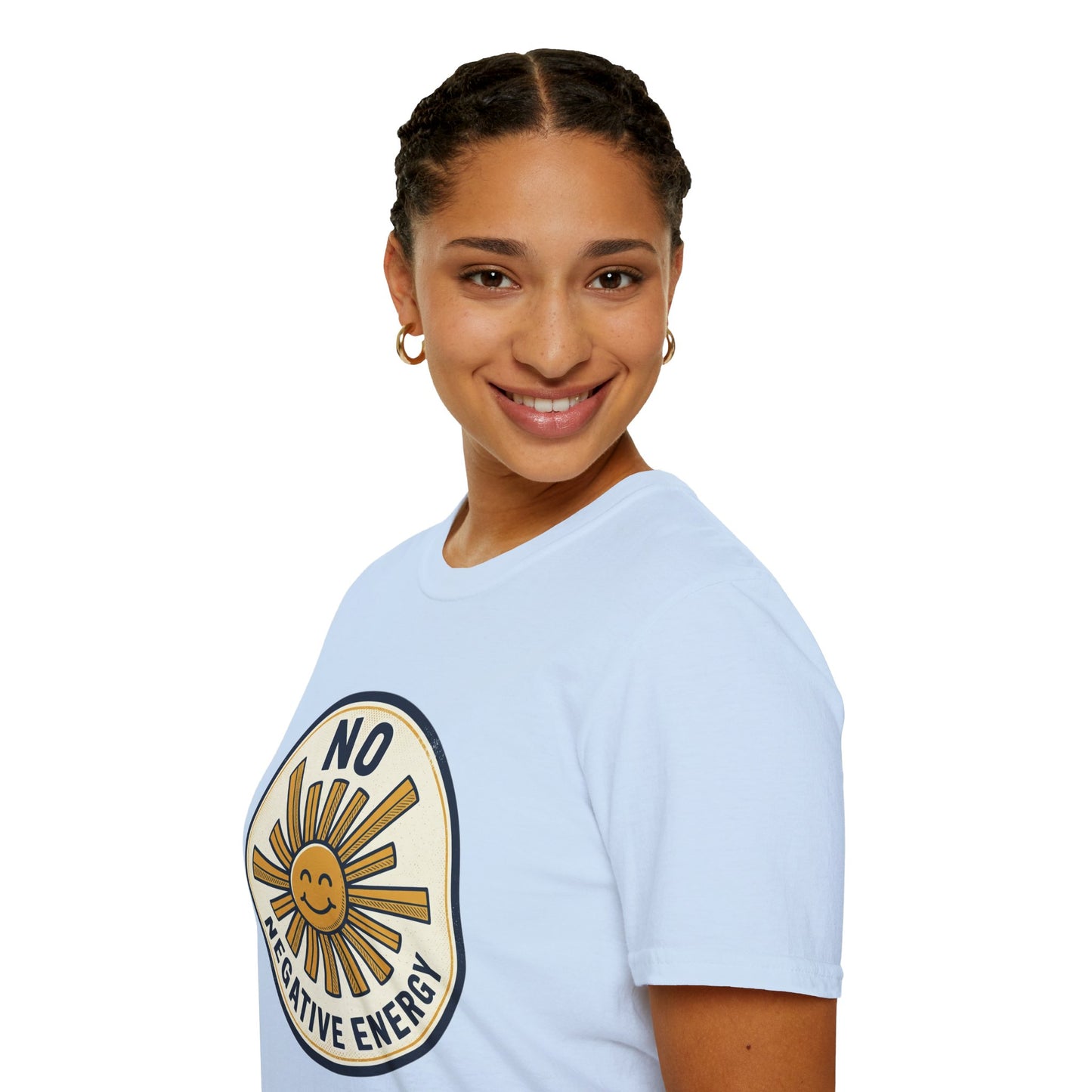 No Negative Energy T-Shirt — Retro Smiling Sun Positive Vibes Tee