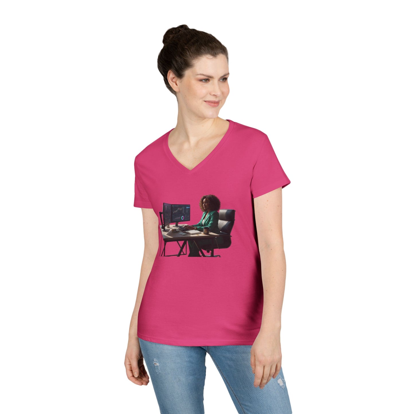 Programmer at Work V-Neck Tee — Female Coder Graphic Shirt