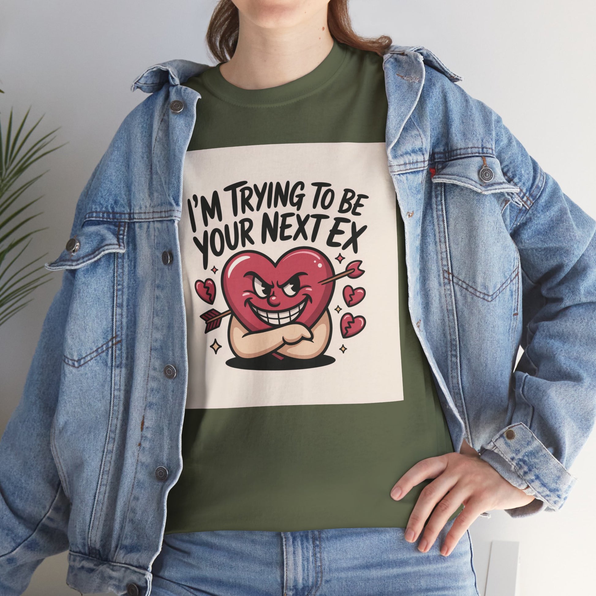 Valentine Heart Character Tee — "I'm Trying To Be Your Next Ex" Graphic T-Shirt Printify