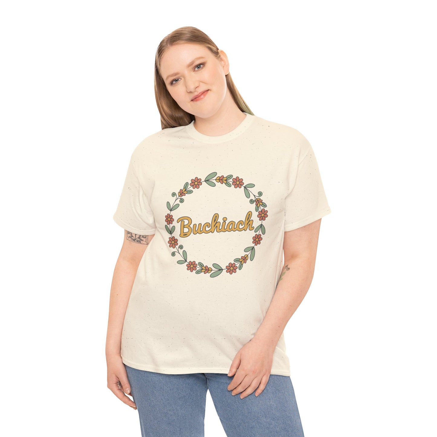 Buchiach Floral Wreath T-Shirt — Retro Script Garden Tee Printify