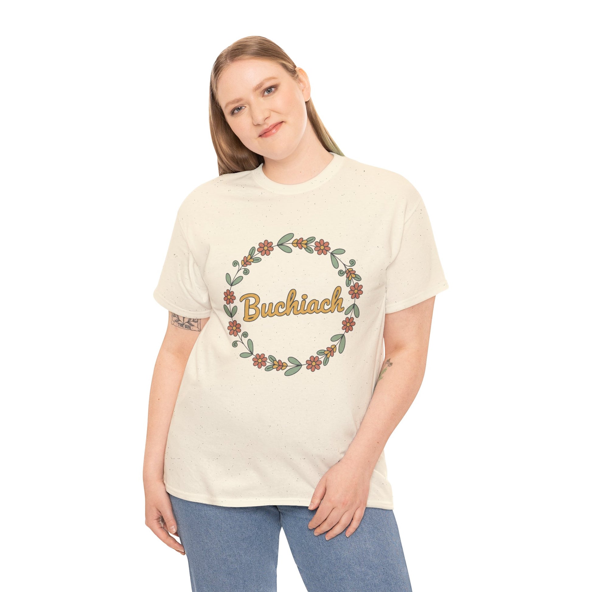 Buchiach Floral Wreath T-Shirt — Retro Script Garden Tee Printify
