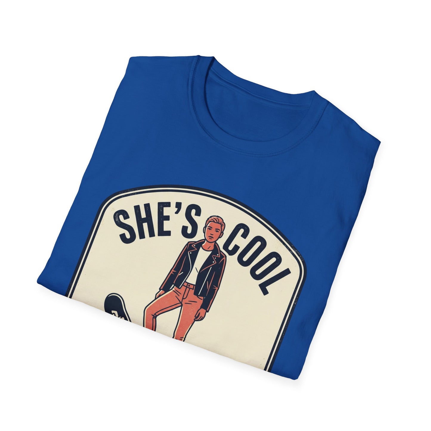She's Cool Skateboarder T-Shirt — "She's Cool, She Can Ride On It" Retro Graphic Tee